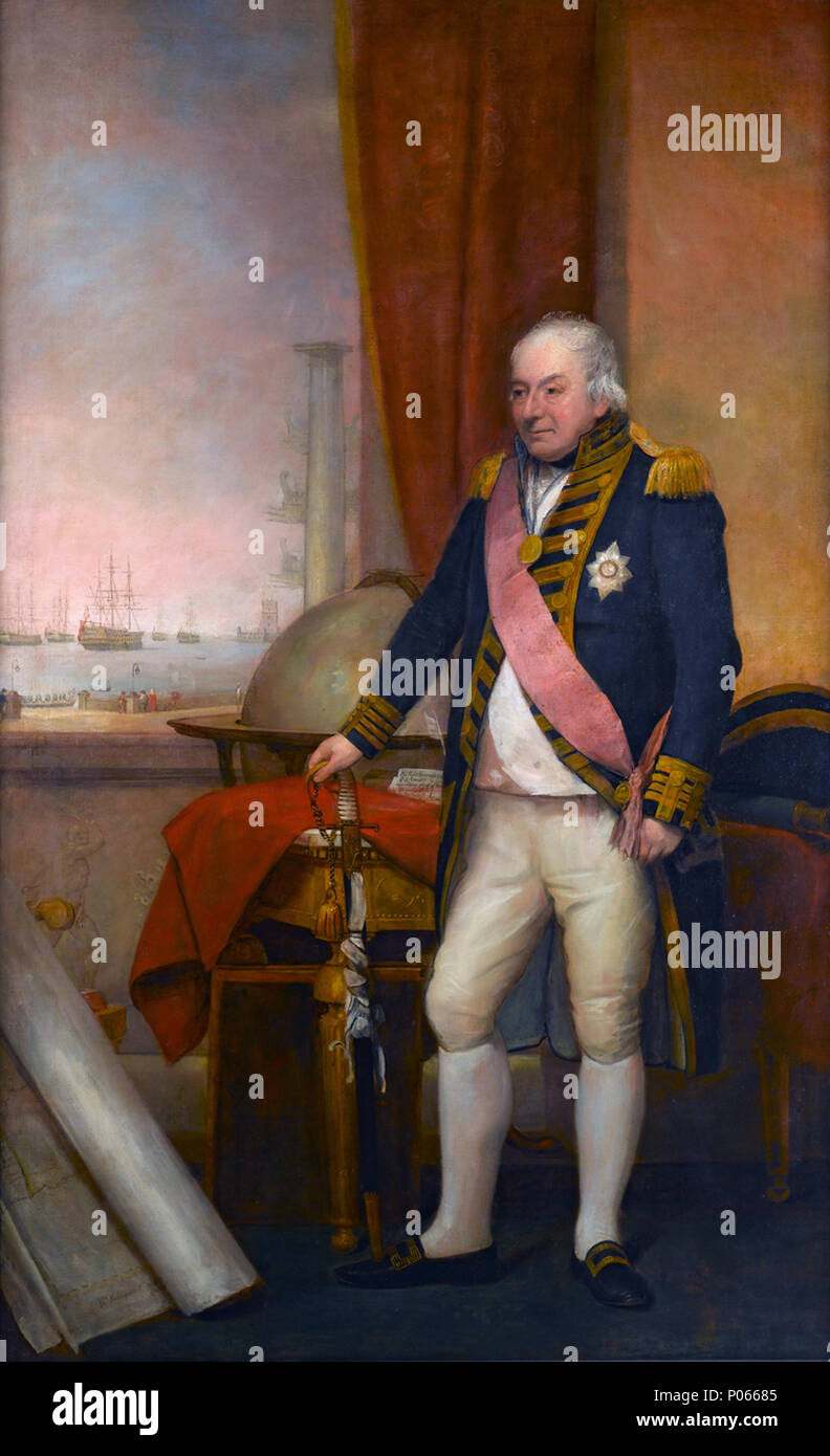 . Inglese: Un ritratto a figura intera a sinistra in Admiral's full-abito uniforme, 1795-1812, indossando il nastro e la stella del bagno e la St Vincent medaglia. L'Ammiraglio John Jervis (1735-1823), 1° Conte di St Vincent *olio su tela *237,5 x 147,5 cm *1806 19 Earl St vincent in età avanzata Foto Stock