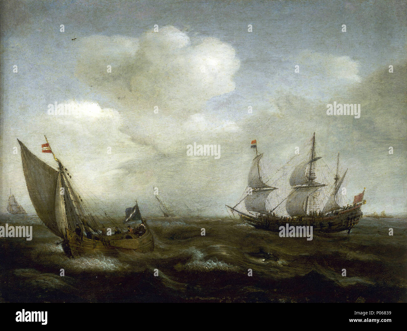 . Inglese: una nave Olandese e un Kaag in una brezza fresca sotto un alto azzurro cielo, con luce scintillante attraverso nuvole bianche, un certo numero di navi può essere visto a vela in una fresca brezza. Un piccolo o Balena Delfino è sgorga acqua in primo piano tra le onde instabile. Sopra l'orizzonte basso, sulla sinistra, un tratto di terra è appena visibile attraverso l'atmosfera umida. Sulla destra vi è un kaag, o nave passeggeri, con diversi passeggeri ed equipaggio a bordo. Il rigging e dettaglio sulla barca è stata accuratamente eseguita. Questa nave è solcando le onde e, come le navi lontane, che Foto Stock