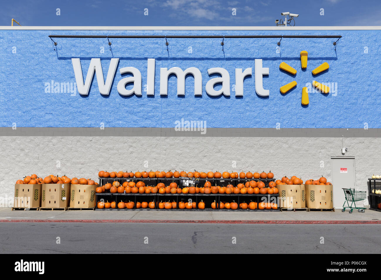 COBLESKILL, NY/USA - Ottobre 27, 2017: Zucche per la vendita in un Walmart di Cobleskill, una città nella Contea di Schoharie, nello Stato di New York. Foto Stock COBLESKILL, NY/USA - Ottobre 27, 2017: Zucche per la vendita in un Walmart di Cobleskill, una città nella Contea di Schoharie, nello Stato di New York. Foto Stock