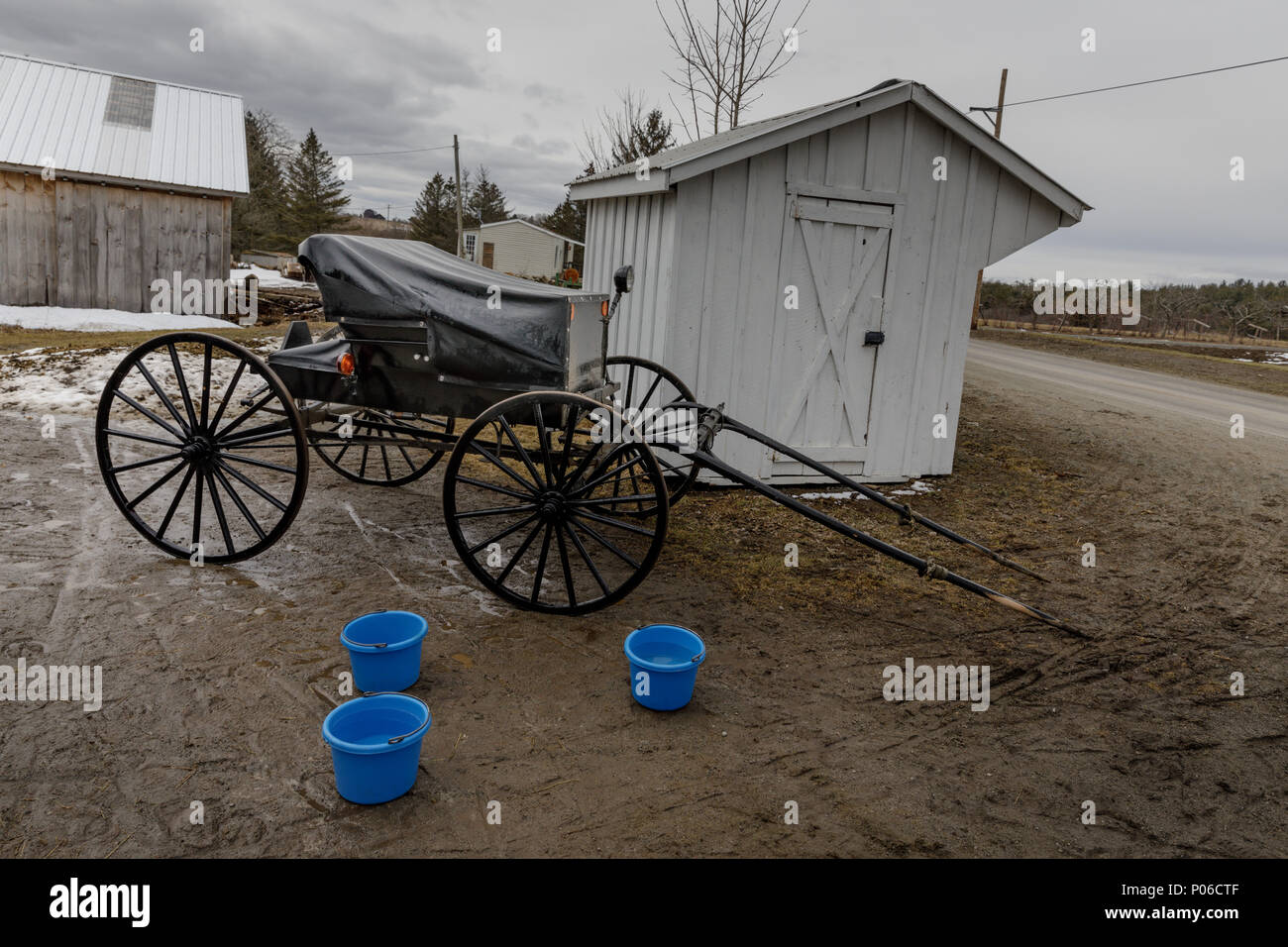 Mohawk Valley, nello Stato di New York: Blu secchi e un buggy in una fattoria Amish in città del Palatino. Foto Stock