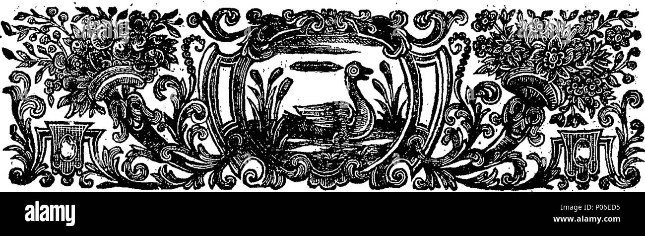 . Inglese: Fleuron dal libro: una storia genealogica del nobile e illustre famiglia di Courtenay. In tre parti. Il primo dà un account, dei conti di Edessa, di quella famiglia. La seconda, di quel ramo che è in Francia. Il terzo, di quel ramo che è in Inghilterra. Da E. Cleaveland, B. D. talvolta compagno di Exeter-College a Oxford e rettore di Honiton nel Devon. 102 Una storia genealogica del nobile e illustre famiglia di Courtenay Fleuron T146457-8 Foto Stock