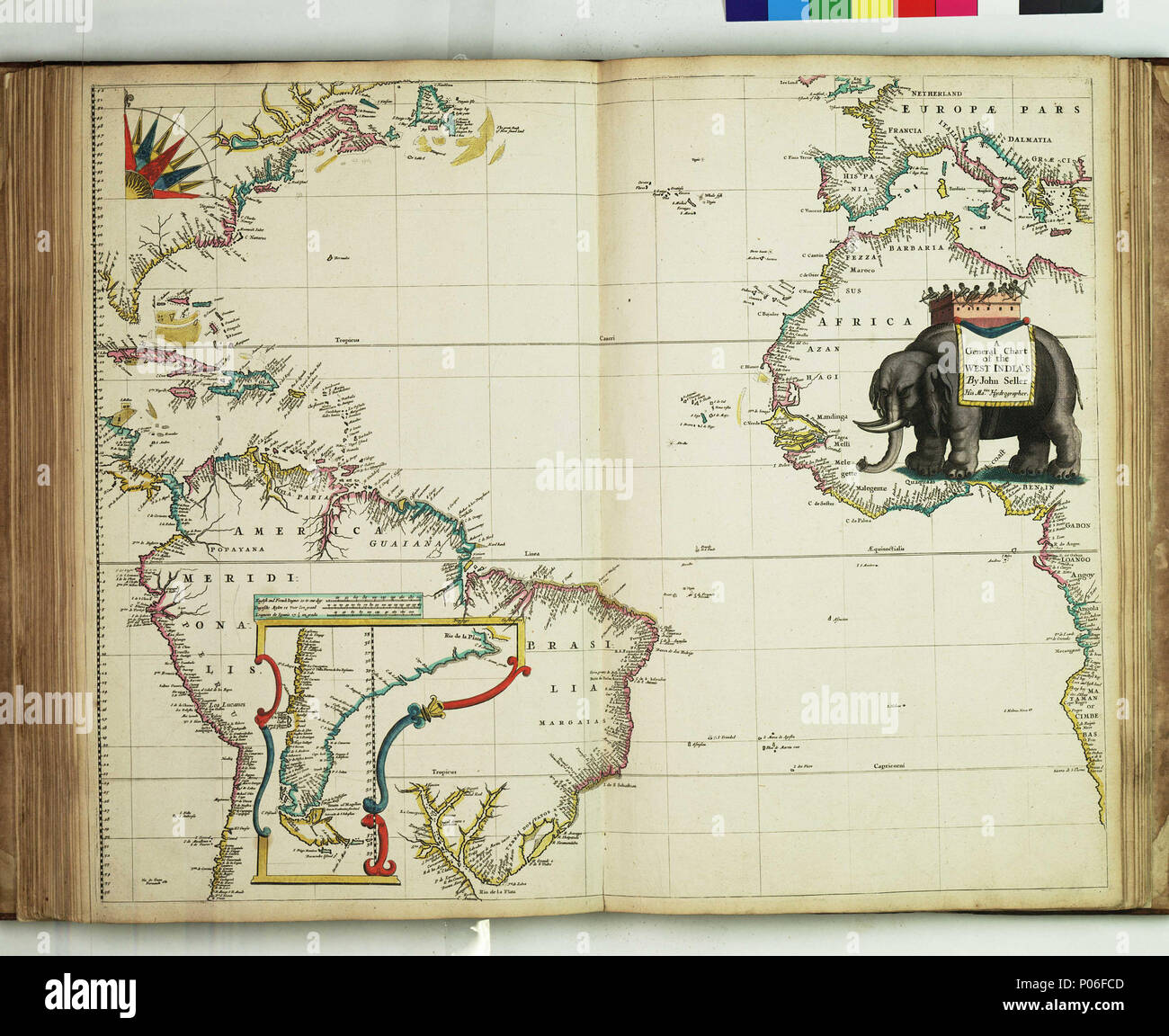 . Inglese: un grafico generale del West India'slegati foglio. Mano col engr. Scala: [ca. 1:27 000 (bar)]. Nota cartografica: Bordo graduato per Latitude. Piano Grafico. Scale Bar in francese e in inglese campionati, olandese miglia e campionati spagnoli. Ulteriori luoghi: Atlantico. Contenuto Nota: la continuazione verso sud del Sud America è rappresentato come un riquadro incorniciato da viticci. Il cartiglio del titolo è un elefante di guerra. PBE6862, venditore Atlas Maritimus, West India . 1675. John Darby; Venditore, John 105 un grafico generale del West India del RMG F8076 Foto Stock