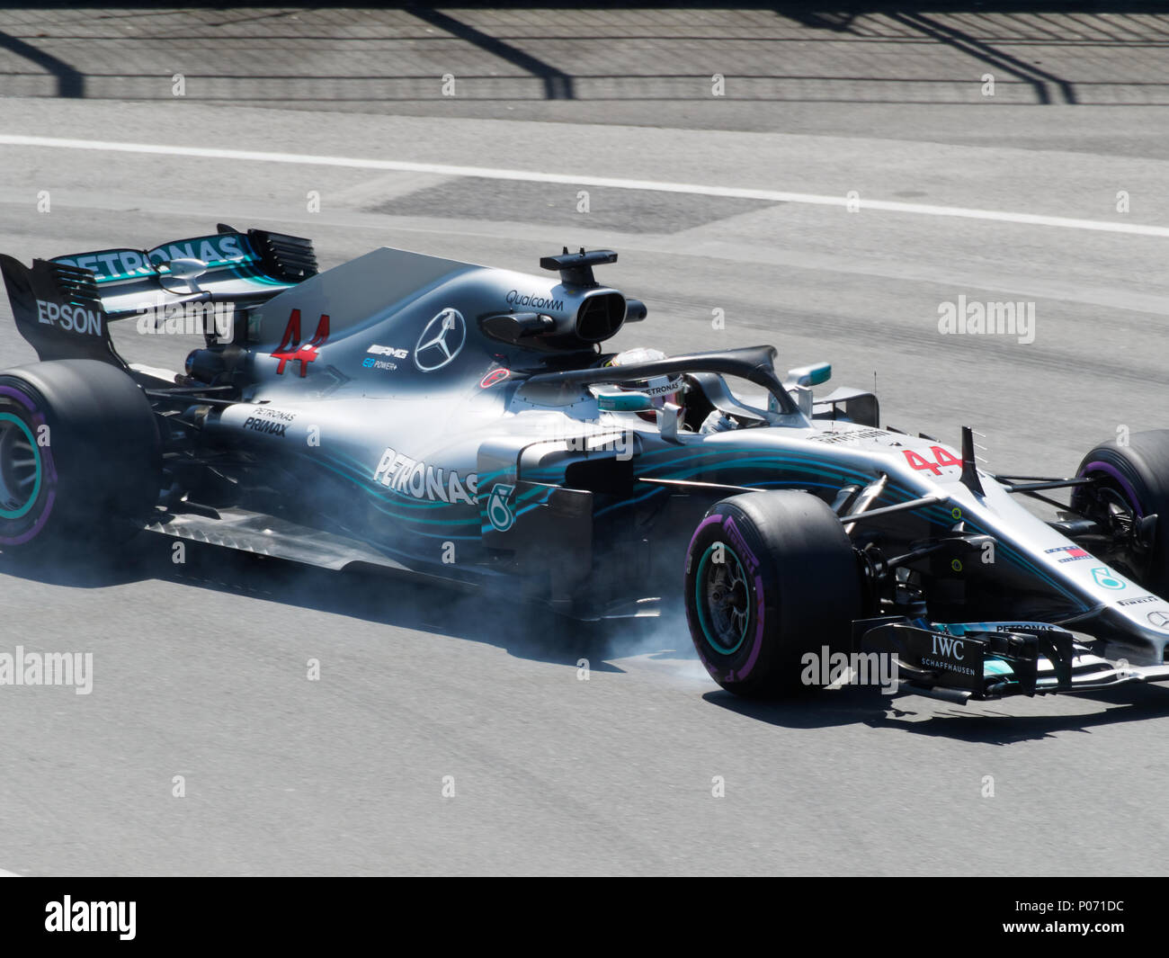 Montreal, Canada 6/8/2018. Lewis Hamilton del Regno Unito per la Mercedes AMG Petronas durante la sessione di prove libere del Gran Premio di Formula 1 del Canada , il circuito Gilles-Villeneuve. Credito: Richard prudhomme/Alamy Live News Foto Stock