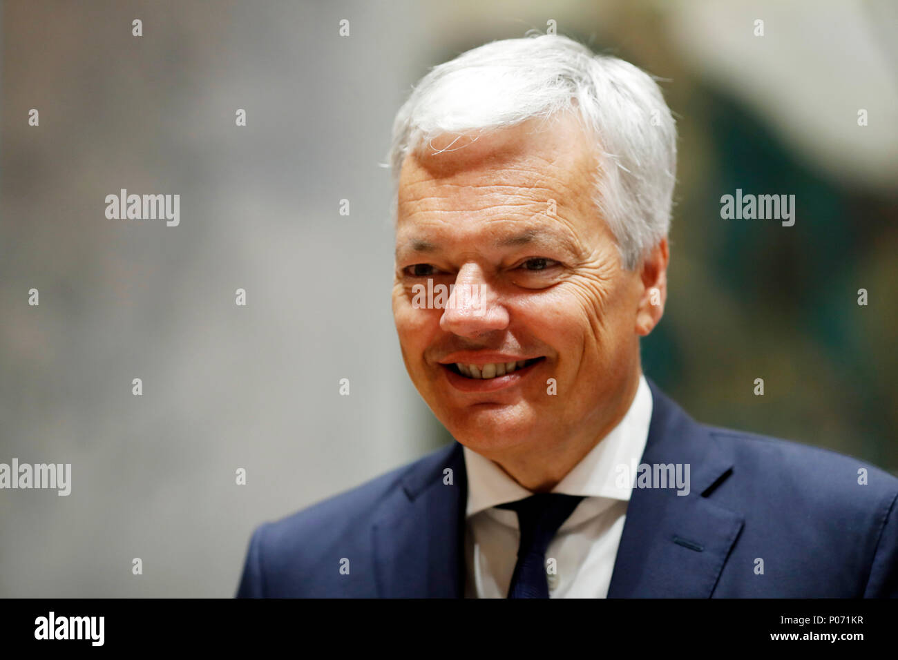 Organizzazione delle Nazioni Unite. 8 Giugno, 2018. Ministro degli esteri belga Didier REYNDERS è raffigurato nel Consiglio di Sicurezza delle Nazioni Unite la camera presso la sede delle Nazioni Unite a New York, giugno 8, 2018. Il Belgio è stato eletto come uno dei cinque membri non permanenti a servire durante 2019-2020 nel Consiglio di Sicurezza delle Nazioni Unite. Credito: Li Muzi/Xinhua/Alamy Live News Foto Stock
