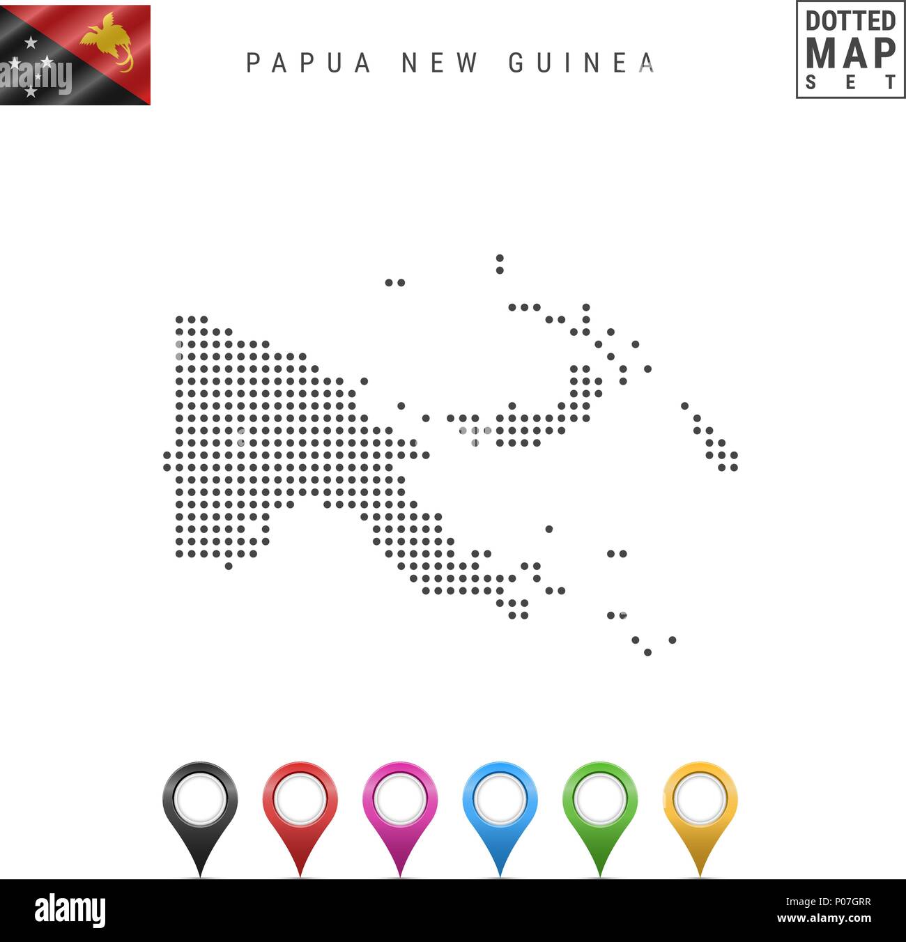 Vettore Mappa punteggiata di Papua Nuova Guinea. Semplice Silhouette di Papua Nuova Guinea. Bandiera della Papua Nuova Guinea. I marcatori mappa impostato Illustrazione Vettoriale