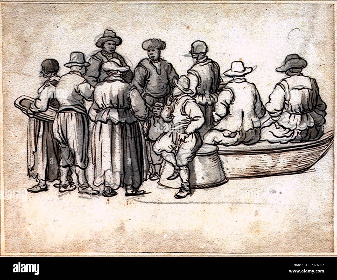 . Inglese: un gruppo di quattro pescatori, quattro donne e due ragazzi una figura che mostra uno studio sulla destra vista posteriore di un uomo e di una donna seduta su un grande pesce tronco. Al centro, un uomo è seduto su un carrello in fase di svolta verso sinistra Sulla sinistra, vista posteriore di un uomo e di una donna che si affaccia in un piccolo ragazzo nel centro del gruppo sono rappresentati, mentre due donne sul retro e sul lato sinistro sono mostrata rivolta verso sinistra. Due uomini sul retro completare il gruppo. Come indicato da una iscrizione sul retro del supporto, questo disegno è stato attribuito a Willem van de Velde, il sambuco, nei primi anni del XVIII secolo: 'Wm. Foto Stock