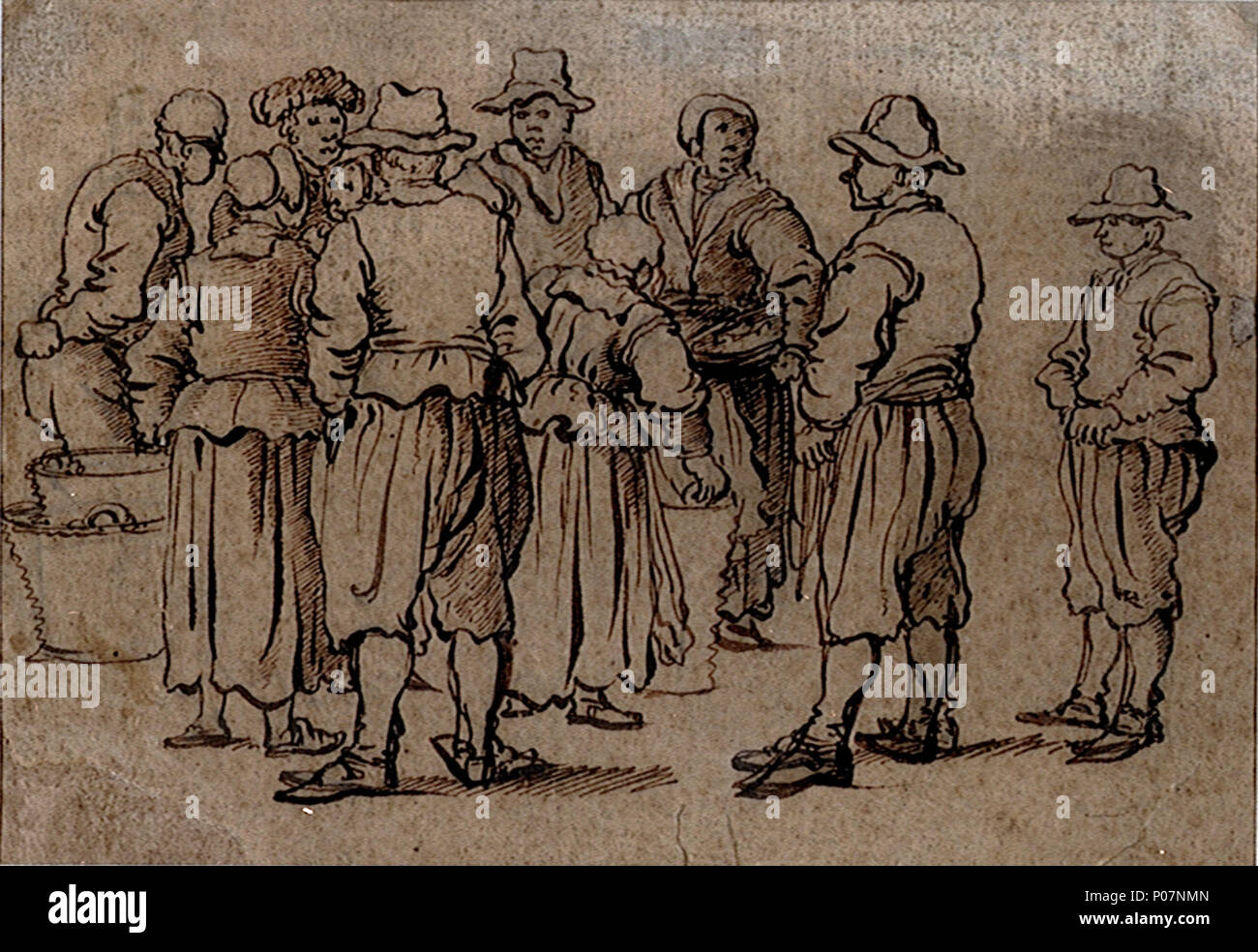 . Inglese: un gruppo di dieci persone di pesca La figura uno studio mostra un gruppo di pescatori e le Donne con ceste nella calma della conversazione. Il disegno non firmati stilistiche di somiglianza con disegni di simili argomenti dal Milford raccolta, ora alla NMM, suggerire un tentativo di attribuzione a Willem van de Velde, l'Anziano ed una data di circa 1655, quando l'artista era particolarmente affollato con grisailles, in cui egli ha introdotto dei gruppi di persone in primo piano. Un gruppo di dieci persone di pesca . circa 1655. Willem van de Velde, the Elder 111 un gruppo di dieci persone di pesca RMG PV5189 Foto Stock