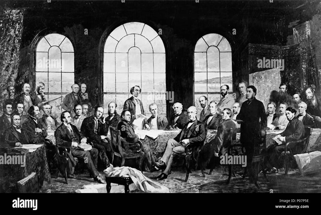 . Inglese: foto di James Ashfield dell artista canadese Robert Harris' 1884 pittura, " Conferenza a Québec nel 1864, per risolvere le nozioni di base di una unione del British Province nordamericane', noto anche come "i padri della Nazione". Il dipinto originale fu distrutto nel 1916 agli edifici del Parlamento fire. Français : Photographie d'une peinture de Robert Harris faite en 1884 initulée Conférence à Québec, en 1864, pour établir les basi d'une Union des Provinces de l'Amérique du Nord britannique. L'originali de la peinture a été détruit en 1916 dans un incendie des édifices du Parlement. . 1 Foto Stock