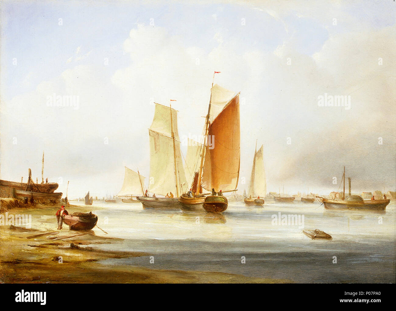 . Inglese: una scena del porto con barche per la pesca costiera che mostra la scena di barche da pesca che possono essere diventati becalmed. Nel 1835 l'artista esposti per la prima volta un oggetto simile alla Royal Academy intitolata "Honfleur barche da pesca". In questo dipinto un pescatore in un Red Hat sorge sulla riva. Egli è appoggiata contro la sua barca che è stata tirata fino alla spiaggia con il porto parete sopra di lui sulla sinistra. Egli guarda fuori dell'immagine lo spazio ed è alla ricerca di distanza dal porto. Dietro di lui sulla destra un gruppo di tre barche da pesca sembrano essere becalmed. La distanza al di là di esse è il contorno Foto Stock