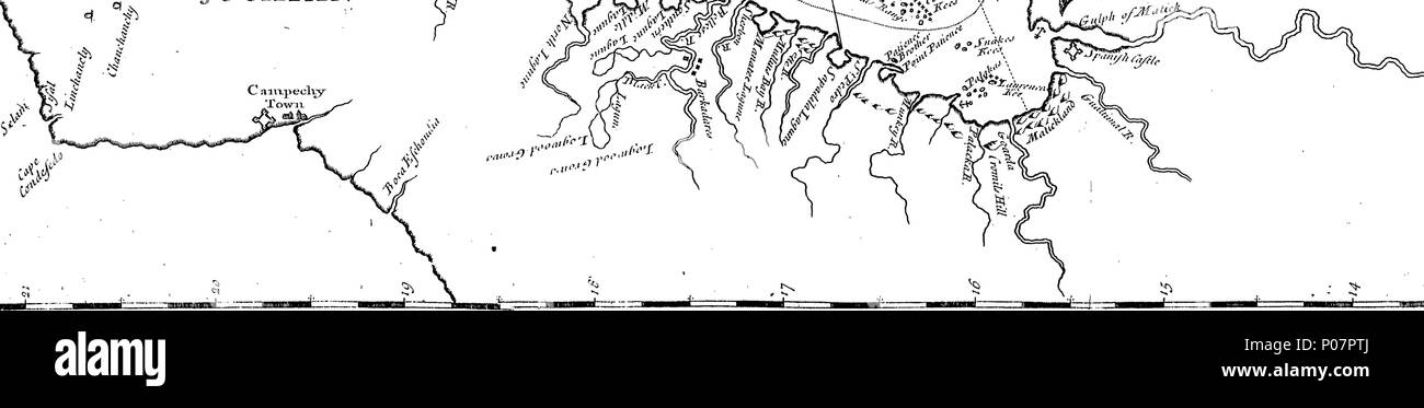 . Inglese: Fleuron dal libro: una storia di viaggi e viaggi di Capt. Nathaniel urante. Con i nuovi progetti della baia di Honduras e le isole Caribee; e particolarmente di Santa Lucia e il porto di La Petite Carenage; in cui le navi possono eseguire in caso di cattivo tempo e di essere al sicuro da tutti i venti e tempeste. Molto utile per i comandanti di navi che utilizzano le Isole Sottovento il commercio o la Giamaica. 114 Una storia di viaggi e viaggi di Capt Fleuron T098232-10 Foto Stock