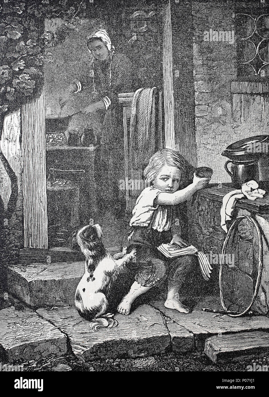 Cucciolo di Elemosinare il cibo, giovane cane vuole il cibo di un ragazzo, Junger Hund bettelt bei einem tipo um Futter, digitale migliorata la riproduzione di un originale stampa da l'anno 1881 Foto Stock