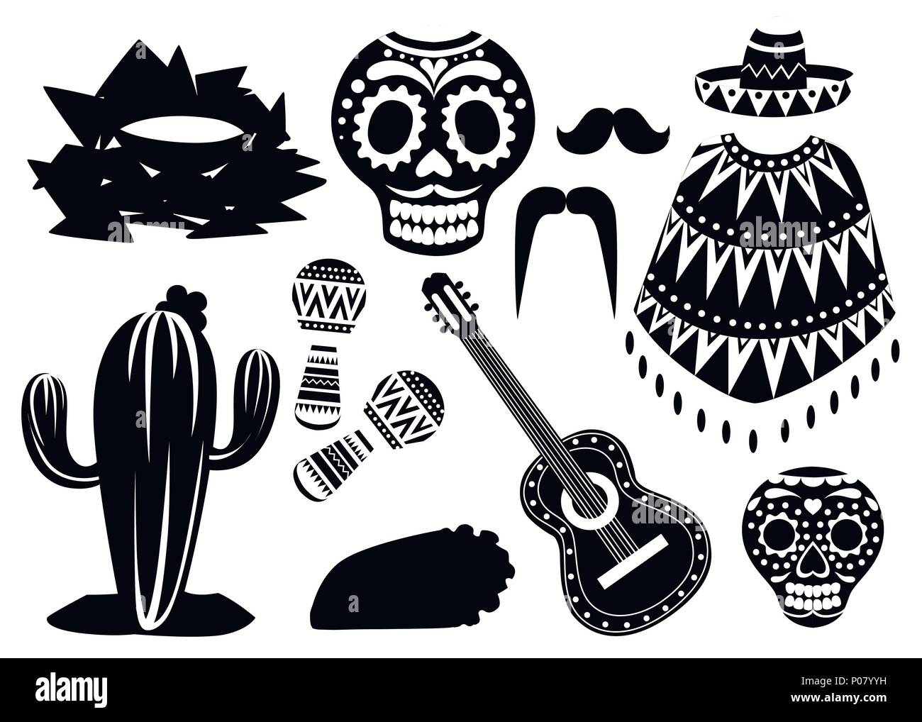 Il Messico in bianco e nero simboli. Vettore messicano set di icone. Latino etnia tradizionali simboli. Stile Cartoon design. Illustrazione di vettore isolato su w Illustrazione Vettoriale