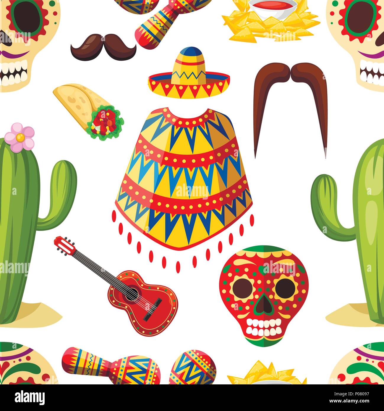Modello senza giunture. Messico i simboli colorati. Vettore messicano icone. Latino etnia tradizionali simboli. Stile Cartoon design. Illustrazione Vettoriale su whi Illustrazione Vettoriale