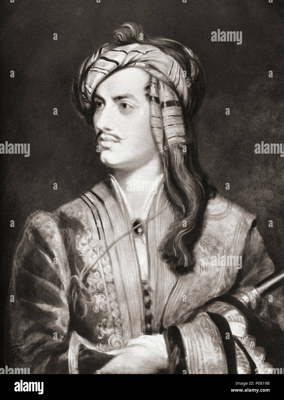 George Gordon Byron, sesto Barone Byron, 1788 - 1824, aka Lord Byron. Nobile inglese, poeta, peer, politico e figura di primo piano del movimento romantico. Dopo una stampa contemporanea. Foto Stock