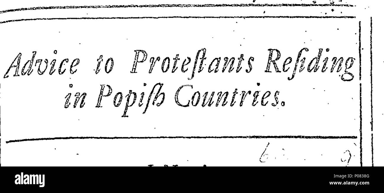 . Inglese: Fleuron dal libro: Consigli ai protestanti che risiedono in paesi popish. In un sermone predicare'd presso il British Chiesa di Lisbona, Febbraio 10th. 1708/9. Da Giuseppe Wilcocks, A. M. Cappellano di fabbrica a Lisbona e compagno di Magdalen College di Castellammare di Stabia. 269 Consigli ai protestanti che risiedono in paesi popish Fleuron T021062-1 Foto Stock
