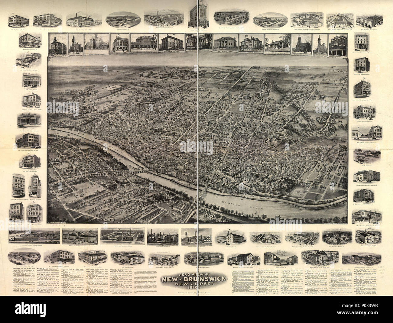 . Inglese: mappa in prospettiva non è disegnata in scala. Bird's-eye-vista. LC Mappe panoramiche (2a ed.), 524 disponibile anche attraverso la Libreria del Congresso sito Web come immagine raster. Include illus., testo e directory. AACR2 . Vista Aero di New-Brunswick, New Jersey, 1910.. 1910. Hughes & Bailey 270 Aero vista New-Brunswick, New Jersey, 1910. LOC 75694734 Foto Stock