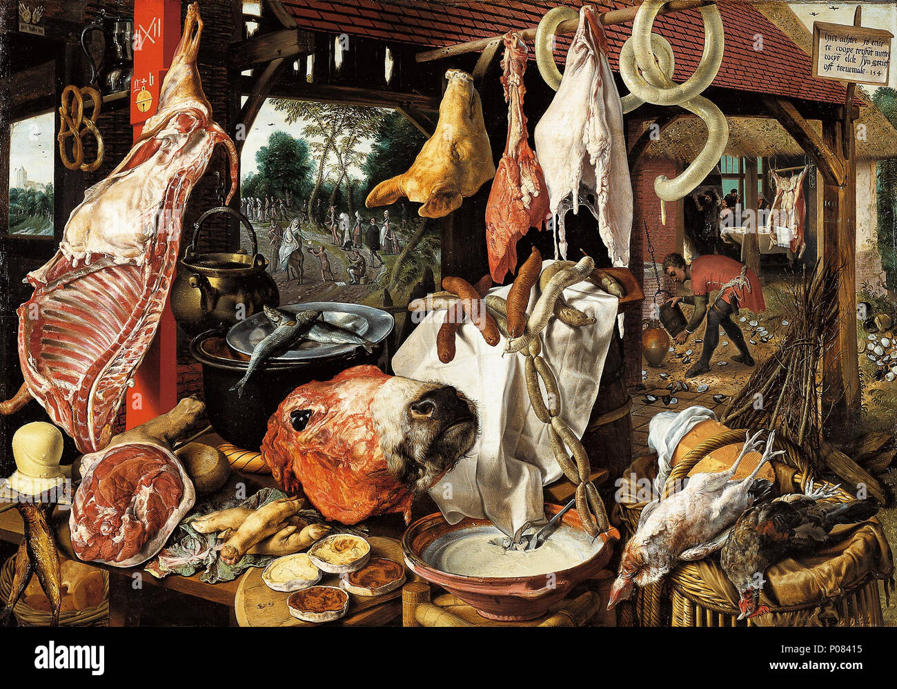 . Macelleria stallo con la Fuga in Egitto titolo alternativo(s): carne stallo con la Santa Famiglia dando elemosina . 1551 270 Pieter Aertsen 005 Foto Stock