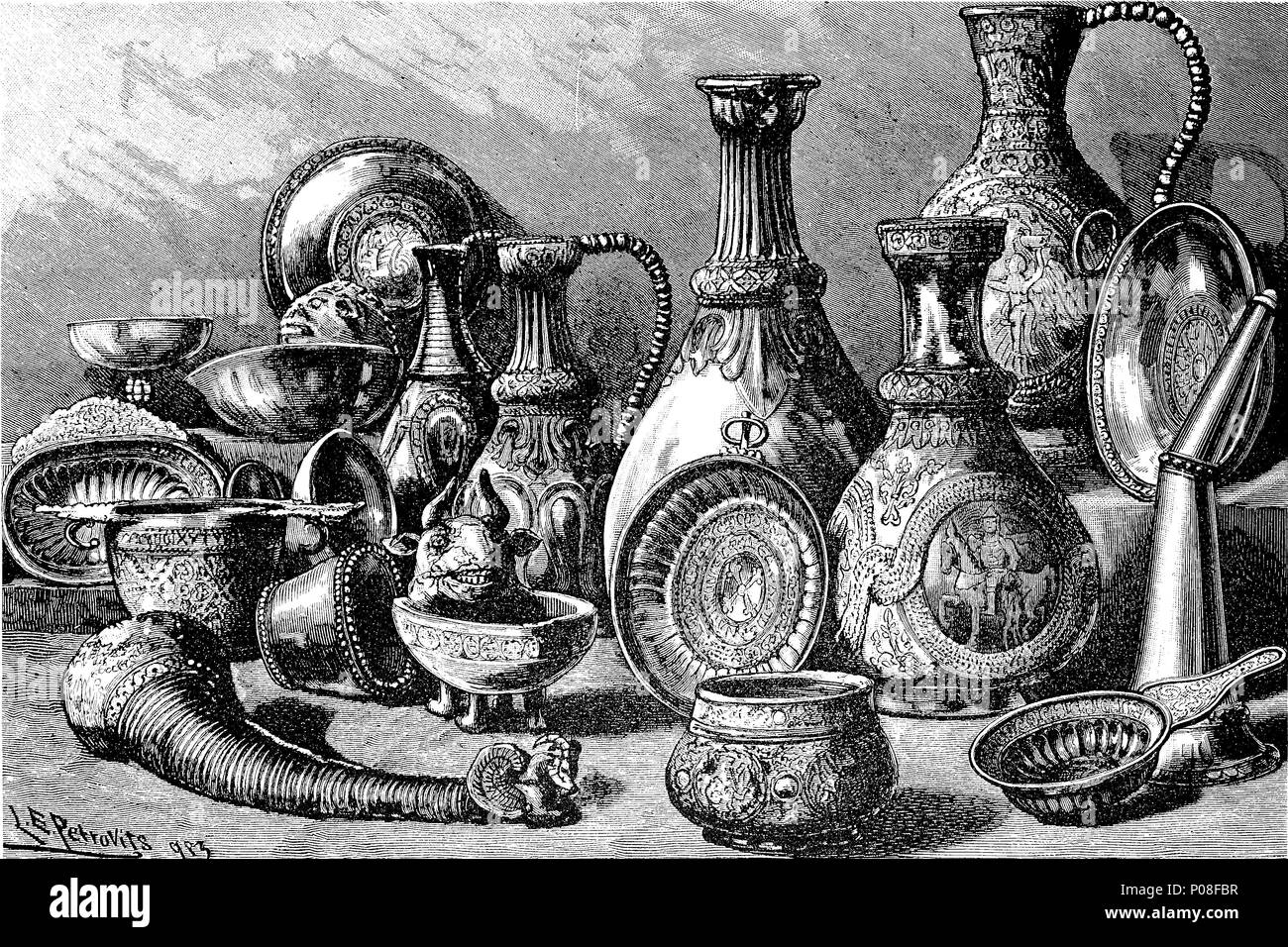 Reperti dal momento della migrazione, migrazione periodo fu un periodo durante il declino dell'Impero Romano intorno al 4° al VI secolo D.C. Funde aus der Zeit der VÃ¶lkerwanderung, digitale migliorata la riproduzione di un originale stampa da l'anno 1881 Foto Stock