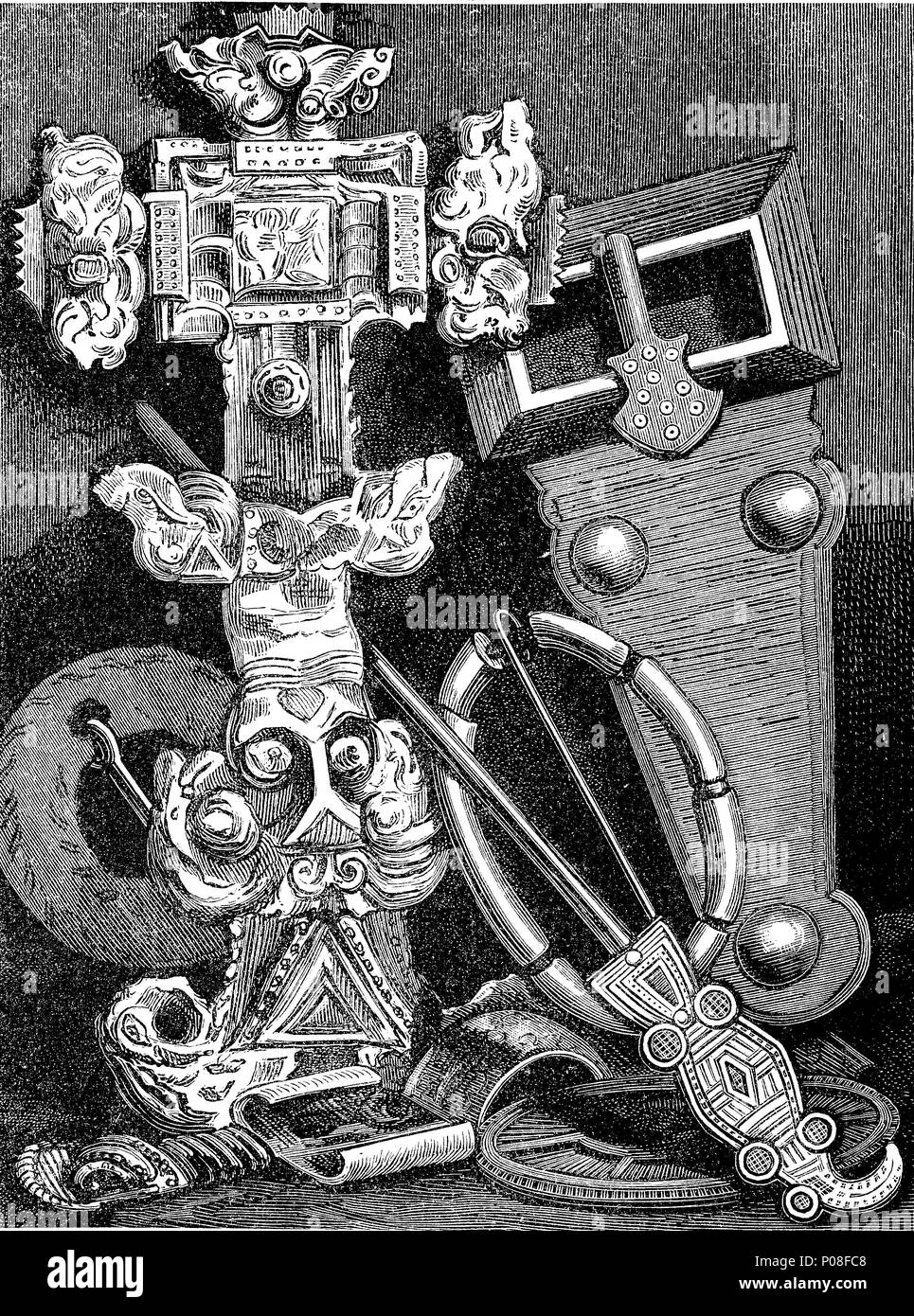 Sepoltura anglosassone reperti dal momento della migrazione, migrazione periodo fu un periodo durante il declino dell'Impero Romano intorno al 4° al VI secolo D.C. AngelsÃ¤chsische GrÃ¤berfunde aus der Zeit der VÃ¶lkerwanderung, digitale migliorata la riproduzione di un originale stampa da l'anno 1881 Foto Stock