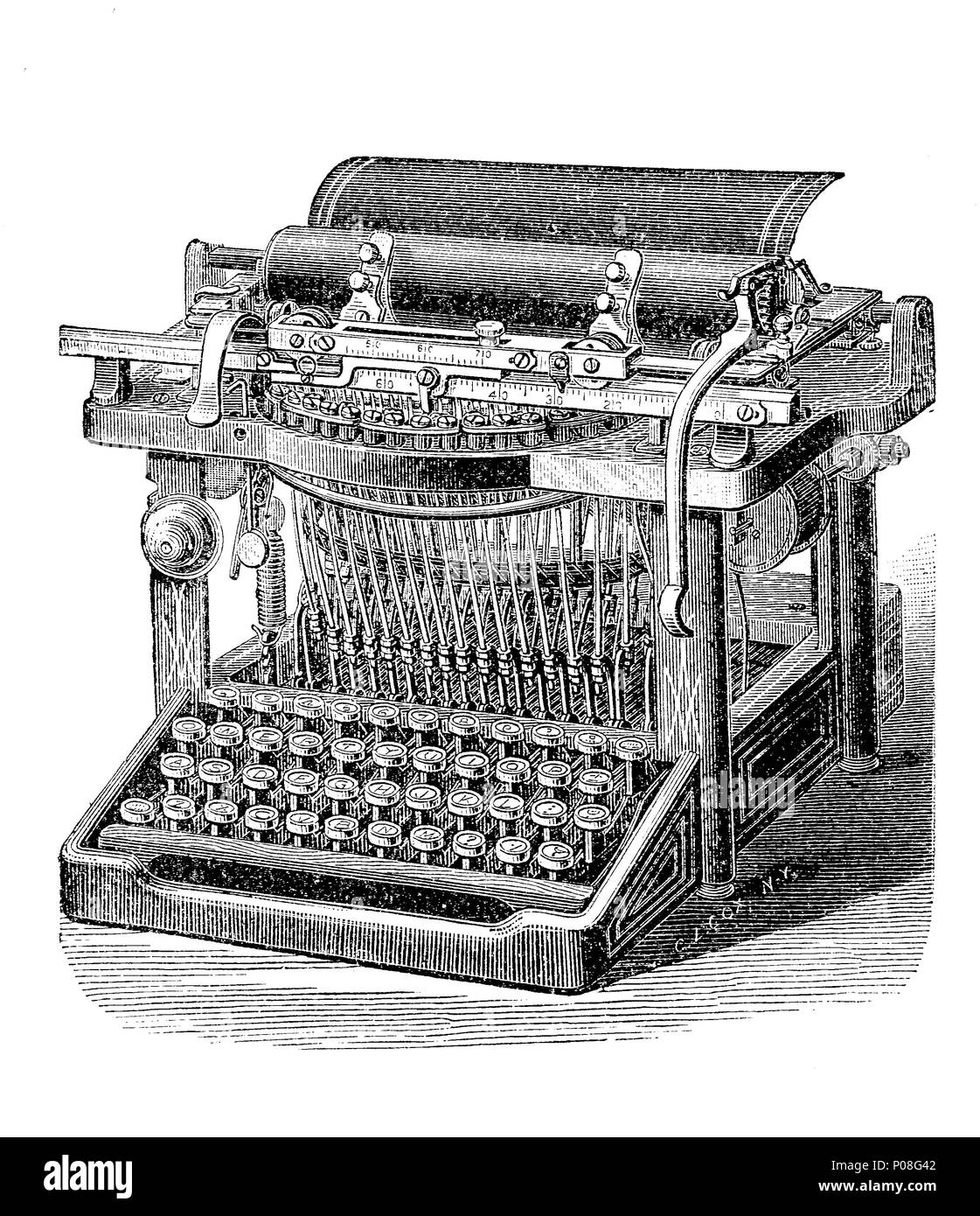 Vecchia macchina macchina da scrivere, alte Schreibmaschine, Klaviaturschreibmaschine, digitale migliorata la riproduzione di un originale stampa da l'anno 1881 Foto Stock