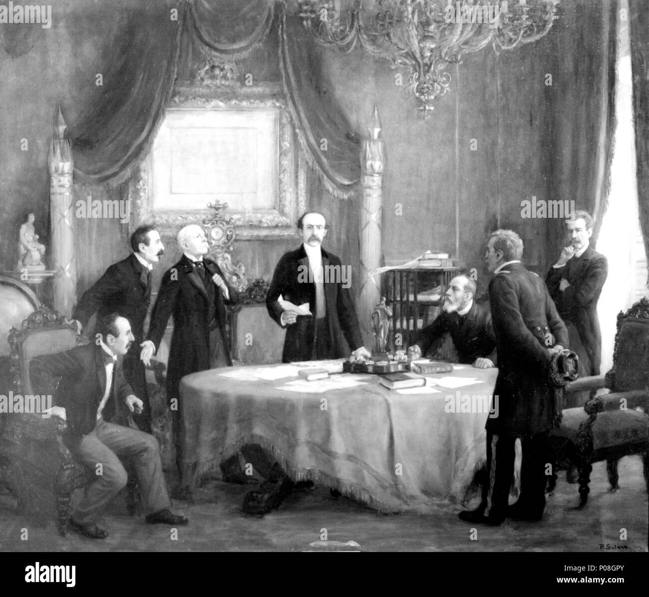 . Español: Presidente José Manuel Balmaceda en el Consejo de ministros del 7 de enero de 1891. Óleo de Pedro Subercaseaux. Al centro está el presidente Balmaceda (Museo Histórico Nacional). . Inicios Siglo XX. Pedro Subercaseaux (1880-1956) nomi alternativi Lustig, Fray Pedro Subercaseaux Descrizione pittore cileno e il relatore Data di nascita e morte 10 Dicembre 1880 3 gennaio 1956 Luogo di nascita e morte Roma Santiago periodo di lavoro 1900 - 1956 Sede di lavoro Cile competente controllo : Q485158 VIAF:?4810131 ISNI:?0000 0001 0864 241X ULAN:?500330822 LCCN:?nr94005879 SUDOC:?17596307 Foto Stock