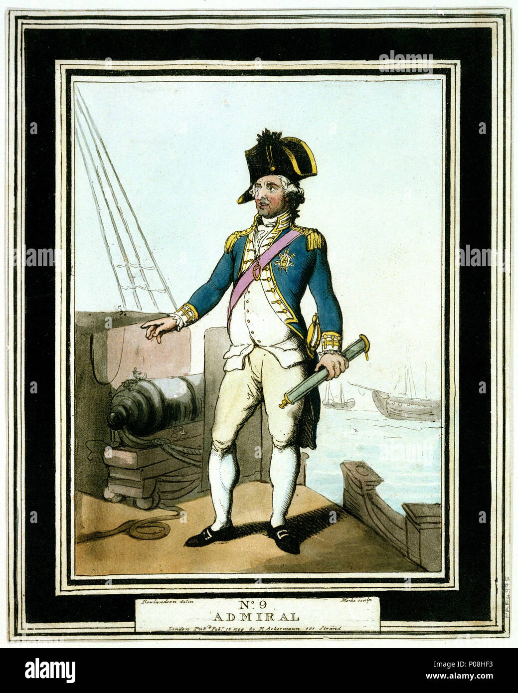 . Inglese: Ammiraglio flotte erano di solito suddiviso in tre squadroni che formate la van (avanti), il centro e la parte posteriore. La parte posteriore è stata comandata da un-ammiraglio che era subordinato alla vice-ammiraglio comandando il furgone. L'Admiral è comandata in centro squadron e aveva il comando generale di tutta la flotta. La parte posteriore- e vice-ammiragli riportato a lui. La nave di un ammiraglio è stato riconosciuto da bandiere e quindi noto come una nave ammiraglia. Admiral . Il 15 febbraio 1799. Ackermann, R (editore); Henri Merke (incisore); Rowlandson, Thomas (artista) 267 Admiral RMG PW4975 Foto Stock