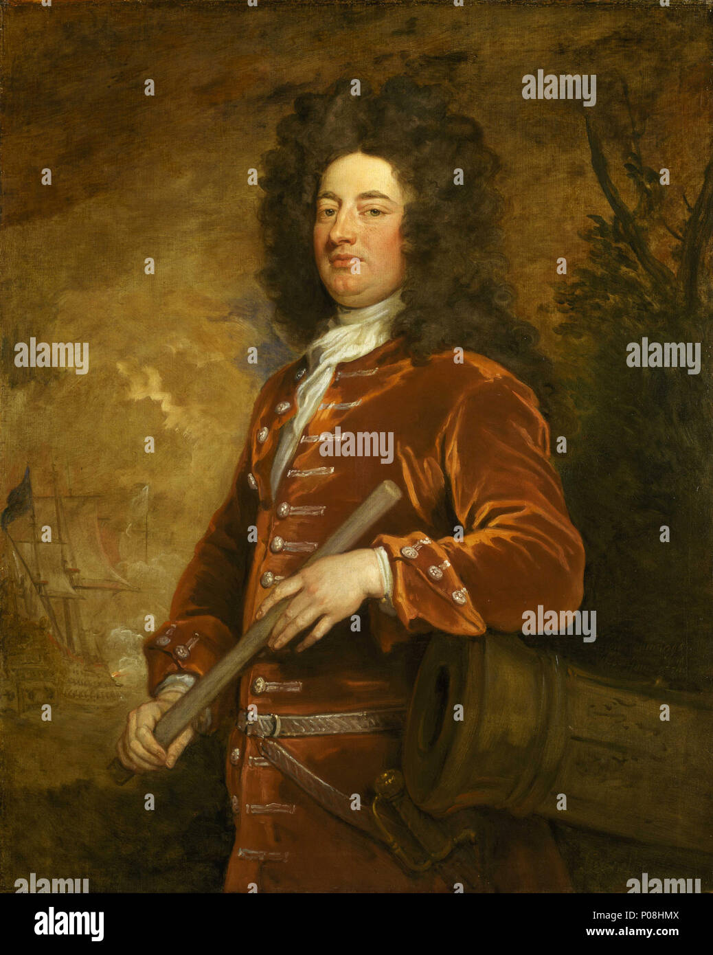 . Inglese: Ammiraglio Sir John Jennings, 1664-1743 a tre quarti di lunghezza verticale a sinistra in una ruggine-red velvet coat con ricamato in argento pulsante-fori e pulsanti. Egli ha un marrone pieno a fondo e la parrucca è appoggiato su di una canna della pistola, tenendo la sua bacchetta in entrambe le mani. Sullo sfondo a sinistra è un tre-decker in azione è implicita, con la bandiera blu a Mezzana. Egli comandò la "Kent", 70 cannoni, su Rooke spedizione di Cadice nel 1702, e che era una delle navi che hanno distrutto la flotta franco-spagnolo nella baia di Vigo. Nel 1704 mentre si serve del 'St George', 96 cannoni, ha giocato una parte cospicua in t Foto Stock
