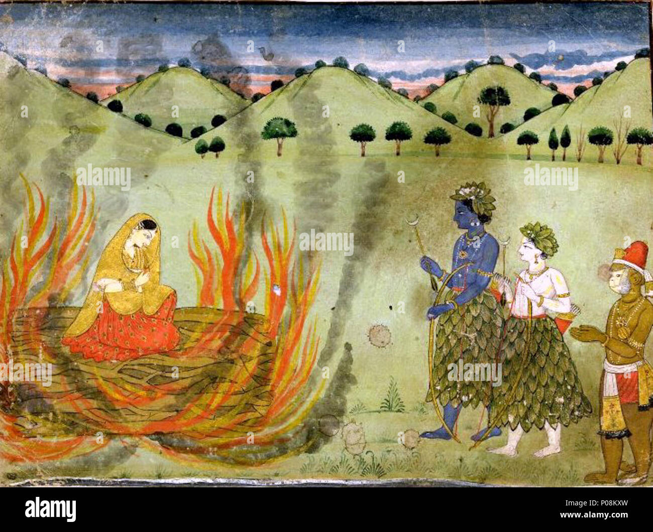 . Una scena del Ramayana: Sīta subire la prova del fuoco guardato da Rāma, Lakṣmaṇa e Hanuman. . Circa 1820 272 Agni pariksha Foto Stock