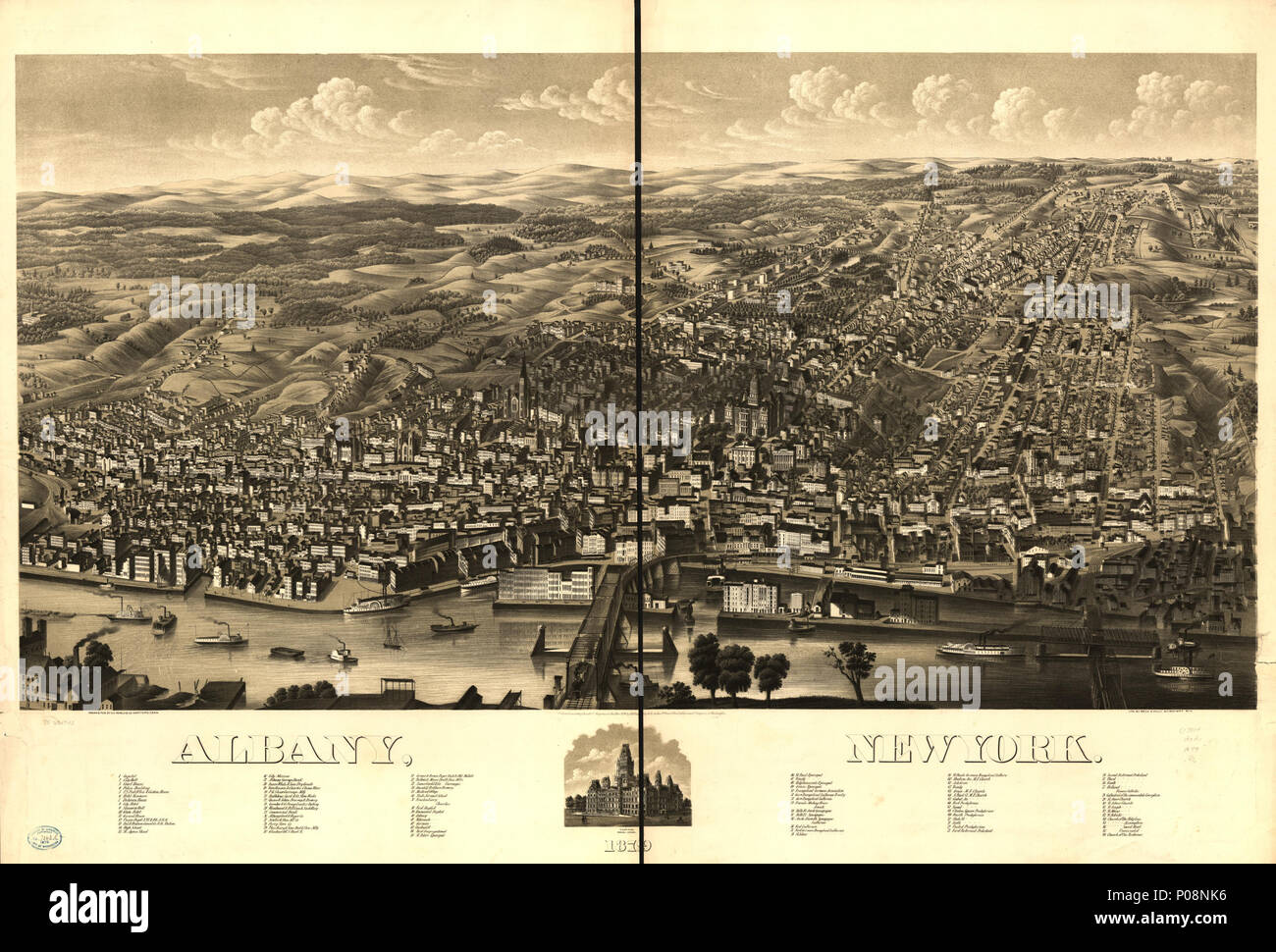 . Inglese: mappa in prospettiva non è disegnata in scala. Bird's-eye-vista. LC Mappe panoramiche (2a ed.), 534 disponibile anche attraverso la Libreria del Congresso sito Web come immagine raster. Include illus. e indice per i punti di interesse. AACR2 . Albany, New York 1879.. 1879. H.H. Rowley & Co.; Beck & Pauli 273 Albany, New York 1879. LOC 75694743 Foto Stock