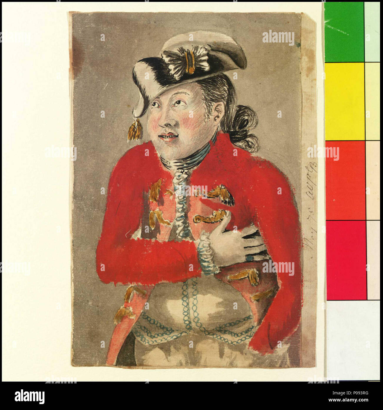 . Inglese: un uomo in un rosso frogged cappotto e tassled armato hat [Bray album]n. 52 di 74 (PAJ1976 - PAJ2049) datata e firmata "ay 75 AVpGB' (alla vita da parte di Gabriel Bray) questo leggermente caricaturale figura deve essere qualcuno visto su Bray del primo viaggio africano. Il vestito non è quella di un funzionario di Marines, o necessariamente militari. Il tassled armato hat e piuttosto teatrale "mano a cuore gesto suggeriscono che può essere un funzionario portoghese da qualche punto lungo il 'slave costa". Si tratta di uno dei 73 disegni di Bray (più uno firmato "NF 1782') conservati in un palazzo del XIX secolo album. Essi sono stati ora Foto Stock