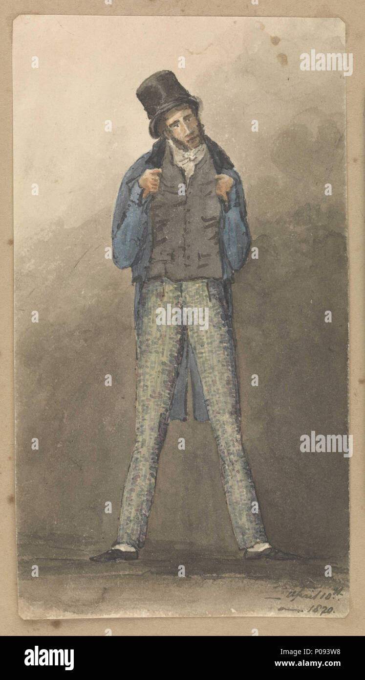 . Inglese: un uomo in piedi con le gambe a cavallo, indossare un cappello nero, blu giacca e pantaloni in tweed un full-length vista di un uomo in piedi con le gambe a cavallo, indossare un cappello nero, blu giacca e pantaloni in tweed. Pagina da un album di disegni e acquerelli (PAI4289) precedentemente di proprietà ed eventualmente realizzato dal celebre antiquario del Kent e churchman il Rev. Thomas Streatfeild (1777-1848). L'album è riportato sul frontespizio da un successivo proprietario e con una variante di ortografia: 'Rev. T. Streatfield / 1777-1848 / Sketchbook di scene di bordo". Il presente album di disegni a matita e acquerelli Foto Stock