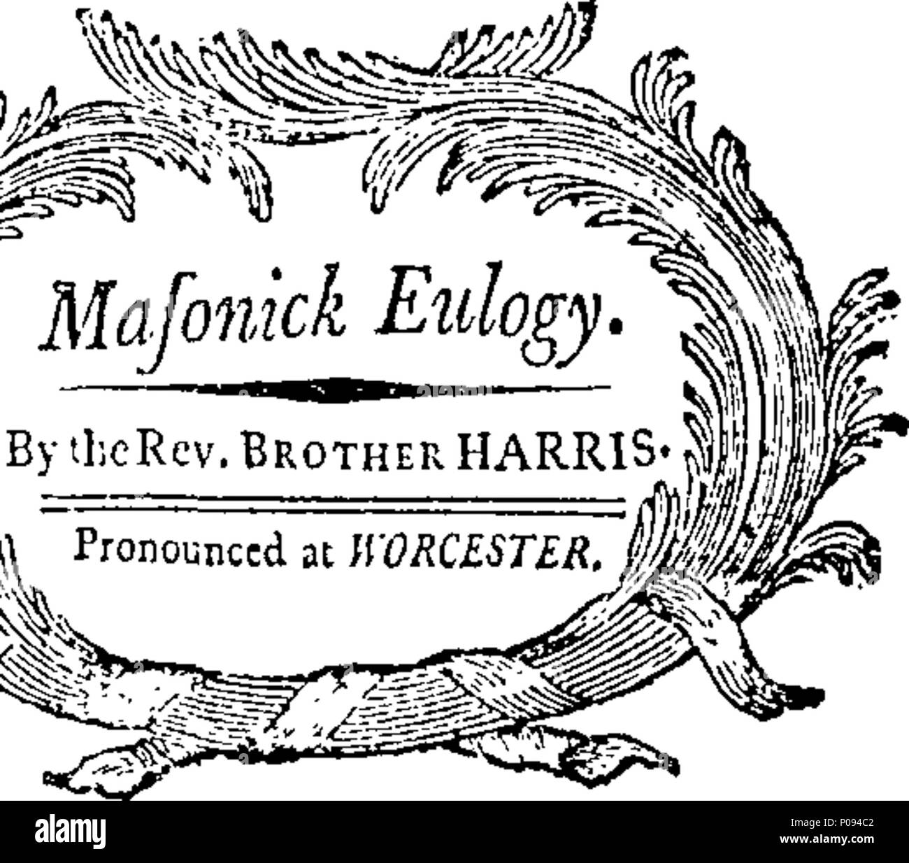 . Inglese: Fleuron dal libro: un elogio Masonick, pronunciata a Worcester, Massachusetts, ventiquattresimo di giugno, A.L. 5794, al festival di San Giovanni Battista, prima che gli ufficiali e i fratelli di Stella del mattino Lodge di Liberi e Accettati Muratori in quella città, uniti per gli ufficiali e i fratelli o il Trinity Lodge da Lancaster. Dal Rev. Fratello Thaddeus M. Harris. Pubblicato da il regno richiesta dei fratelli. 129 un elogio Masonick, pronunciata a Worcester, Massachusetts, ventiquattresimo di giugno un Fleuron W020723-1 Foto Stock