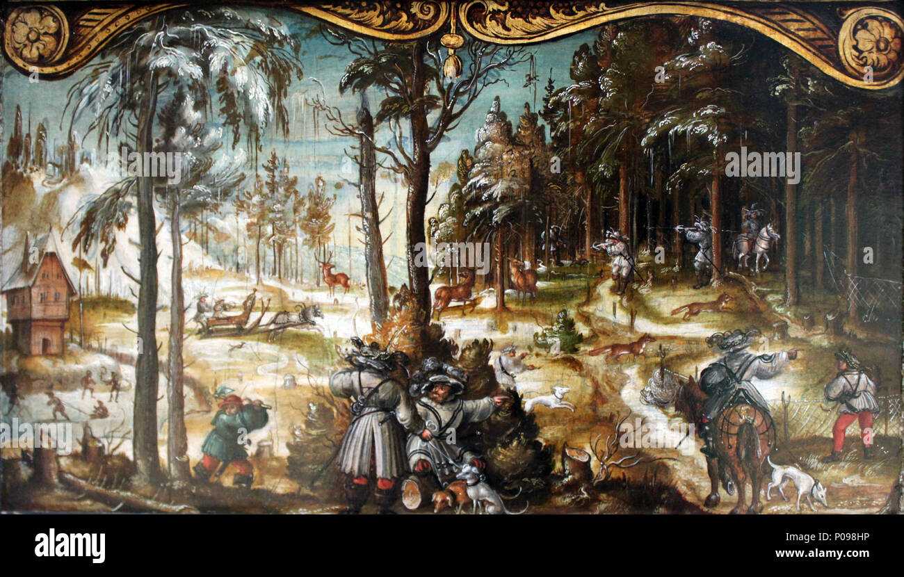 . Inglese: pannello da una serie di scene rurali: Fox e a caccia di cervi in inverno Deutsch: Tafel aus einer Folge von Bildern des Landlebens: Fuchs- und im Hirschjagd inverno . 1520 15 1520 Wertinger Jagd im anagoria invernale Foto Stock