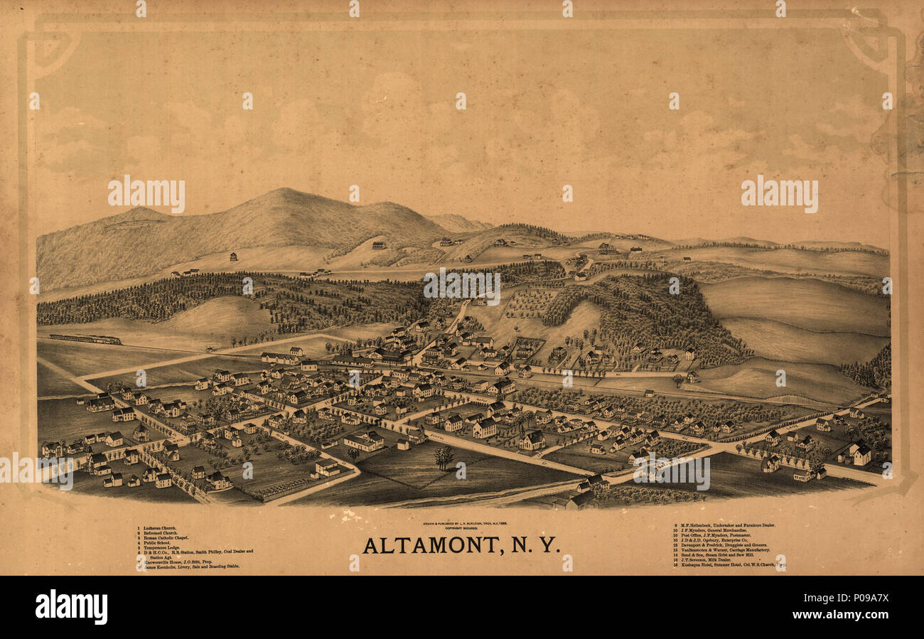 . Inglese: Bird's-eye. Disponibile anche tramite la Biblioteca del Congresso sito Web come immagine raster. Indicizzati per i punti di interesse. LC copia a colori sbiaditi, colorate e strappata in corrispondenza del bordo. PM3 . Altamont, N.Y.. 1889. Burleigh, L. R. (Lucien R.); Burleigh, L. R. 282 Altamont, N.Y. LOC 86693486 Foto Stock