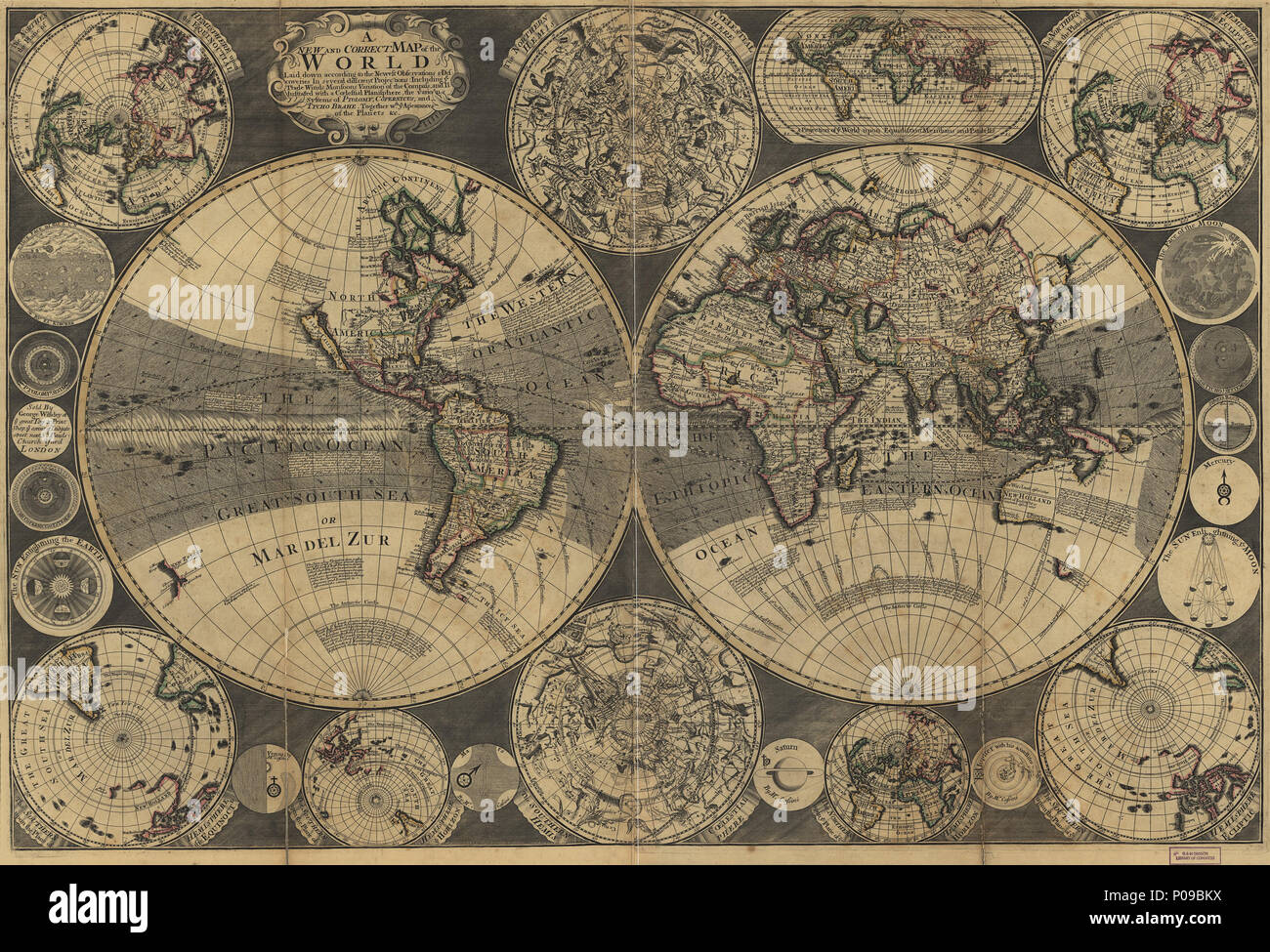. Inglese: rilievo mostrato graficamente. Inserie: l'emisfero nord sul piano del equinoziali -- Il Nord Emisfero coelestial -- una proiezione di voi mondo su meridiani equidistanti e paralleli -- l'emisfero nord sul piano dell'eclittica -- il volto della luna -- sistema di Tycho -- Sphaera recta -- il mercurio -- sun enlightning ye luna -- l'emisfero sud sul piano del VOI eclittica -- Giove con i suoi satelliti 4 / da Cassini -- l'emisfero nord sul piano del VOI orizzonte -- Saturno / da Cassini -- sud emisfero coelestial -- Mars / da C Foto Stock