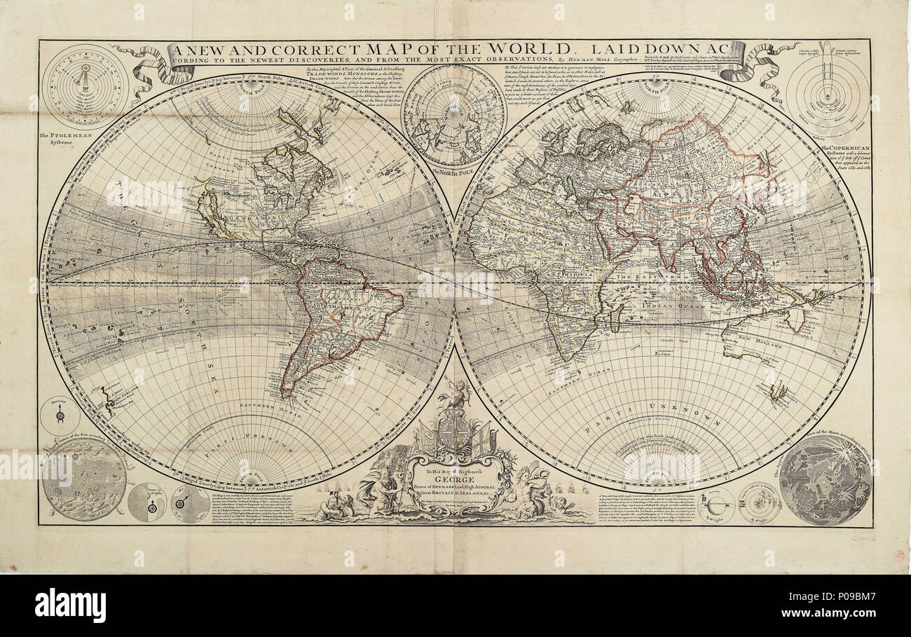 . Inglese: un nuovo e corretto mappa del mondo, stabilite secondo le più recenti scoperte e da la più esatta delle osservazioni, da Herman Moll, geografo.2 fogli uniti in corrispondenza della mezzeria verticale. Incisione colorata di contorno. Scala: [circa 1:75,000,000]. Un emisfero doppia proiezione con il primo meridiano attraverso il ferro e un nord inserto polare. Gli alisei sono indicati e Dampier della via in giro per il mondo è mostrato. Diagrammi illustrano la Ptolemean e Copernicano sistemi solari e del sole, della luna e dei pianeti secondo Kircher e Cassini. Il cartiglio della dedizione al pri Foto Stock