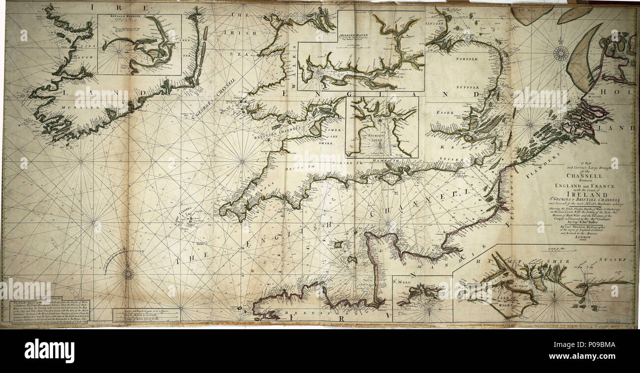 . Inglese: un nuovo e corretto grande progetto della Channell tra Inghilterra e Francia con la costa dell'Irlanda St. Georges & Bristoll Channell e alcuni dei più notevoli porti alla grande. Singolo foglio. Incisione colorata di contorno, prevista sulla biancheria e precedentemente bordato. Scala [circa 1:700.000 (bar)]. Il bar Le scale sono in inglese e francese campionati, olandese miglia e campionati spagnoli. Il confine è graduato per Latitude. Il grafico presenta linee rhumb e a 90 grado variante arco e contiene note sulla profondità e maree. Ci sono cinque inset: Porto di Kinsale [circa1:200.000 (bar)]; Milford Haven [ Foto Stock