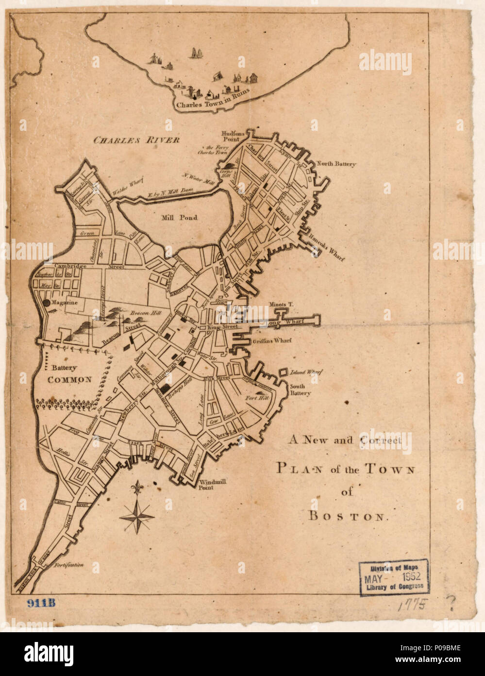 . Inglese: rilievo mostrato graficamente. Dal Gentlemen's Magazine, ottobre 1775, volume 45. LC copia imperfetta: privo di piccola parte di angolo superiore sinistro. Disponibile anche tramite la Biblioteca del Congresso sito Web come immagine raster. . Un nuovo e corretto piano della città di Boston. 1775. Sconosciuto 142 un nuovo e corretto piano della città di Boston. LOC 2018590109 Foto Stock