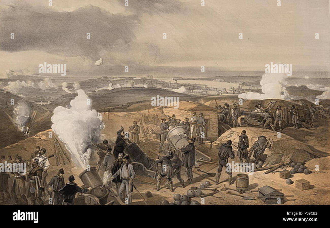 . Inglese: Stampa Mostra azione in un'artiglieria britannica batteria, colpi di mortaio, malte e cannon essendo caricati, la rimozione di feriti e in lontananza le fortificazioni di Sevastopolʹ. . Inglese: una giornata calda e le batterie 3 di una giornata calda e le batterie Foto Stock