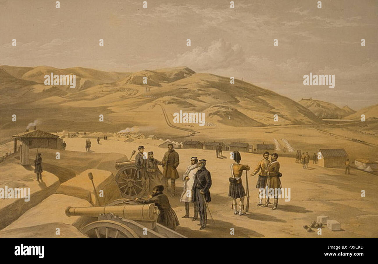 . Inglese: stampa mostra una batteria di artiglieria con modulo CAPN. Mansfield, Grandi Shadwell, Lieut. Col. Stirling, Grandi Gordon e Sir Colin Campbell in piedi vicino i cannoni, con il campo delle Highland brigata, mostra di capanne e tende, in background; il porto di Balaklava e i resti del vecchio castello genovese sono visibili in lontananza sulla destra.. . Inglese: Highland Brigade camp, guardando verso sud 11 Highland Brigade camp, guardando verso sud Foto Stock