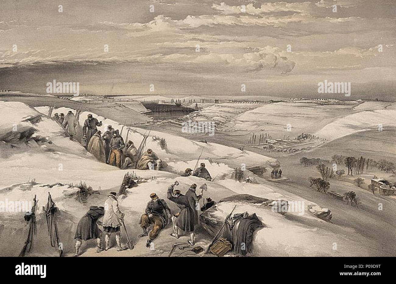 . Inglese: stampa mostra i soldati lo scavo di trincee nella neve e vista in lontananza Sevastopolʹ, durante l'inverno. . Inglese: Sebastobol dalla pistola 26 batteria di estrema destra francese di attacco . [Londra] : pubblicato da Paolo & Dominic Colnaghi & Co., 13 & 14 Pall Mall Oriente ; Paris : Goupil & Cie., 1855 20 Marzo (giorno & Figlio, lithrs. alla regina) 21 Sebastobol dalla pistola 26 batteria di estrema destra di attacco francese Foto Stock