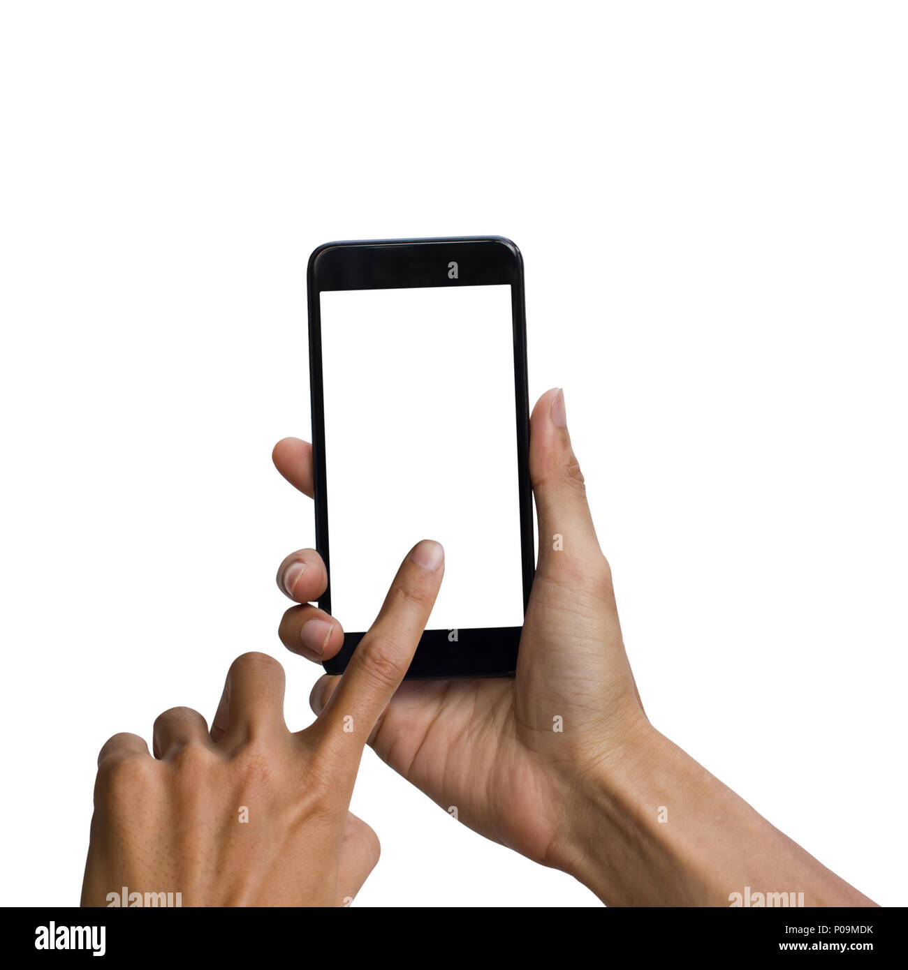 Man mano che tiene nero smartphone con schermo bianco per mock up design. isolato su sfondo bianco. Inserire il percorso di clipping semplice per l'uso. Foto Stock