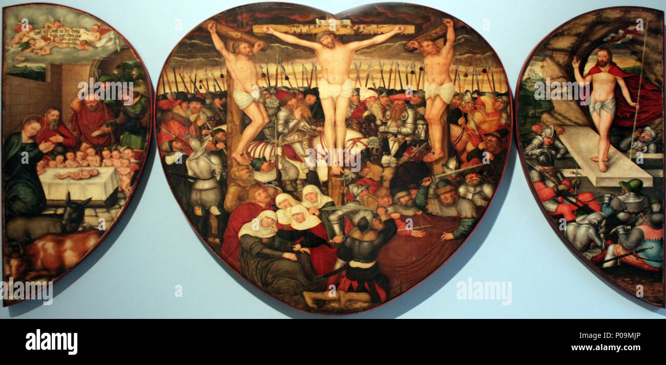 . Heart-Shaped pala alato Colditz (Ancona). A sinistra: l'Adorazione dei pastori, centro: la crocifissione Destra: Template:Risurrezione . 1584 16 1584 Cranach d.J. Altare Colditzer innen anagoria Foto Stock
