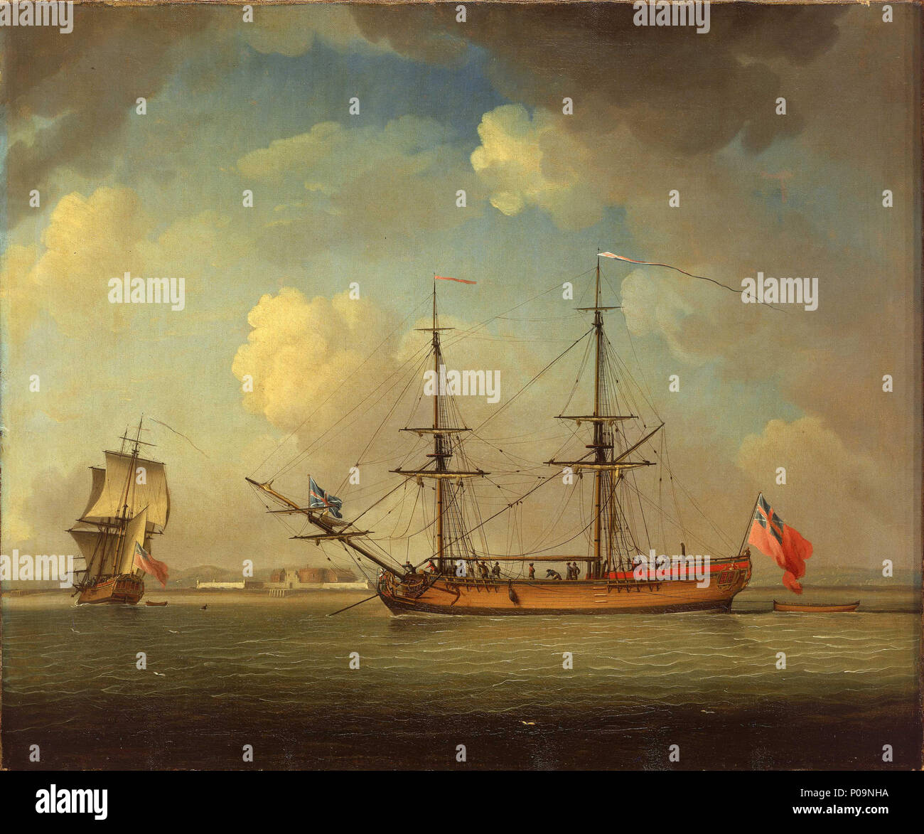 . Inglese: una neve navale questa nave ritratto mostra la nave in due posizioni, porta-fiancata e port-quarto nella distanza. Essa è chiamata una neve piuttosto che un brig, perché la sua gaff-vela è allacciato ad un po' di jigger-montante che è a gradini a poppa dell'albero maestro. Con il suo jack e la messa in funzione, pendente ella è chiaramente naval, presumibilmente un trasporto o recipiente di alimentazione hanno acquistato o noleggiato dalla Marina Militare, ma non una nave da combattimento. Lo sfondo sembra essere Tilbury Fort, opposta Gravesend nel Tamigi. La maggior parte dell'artista dipinti pervenutici data per gli ultimi sei anni della sua carriera e sono principalmente marine Foto Stock