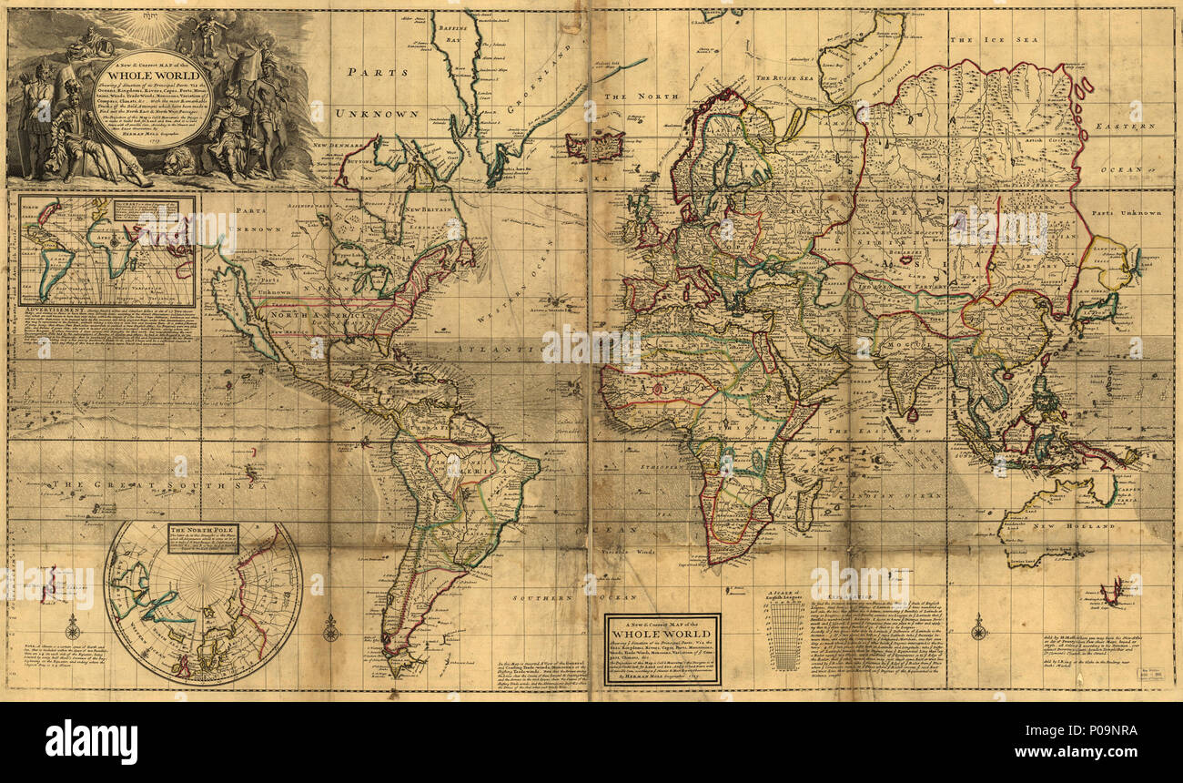 . Inglese: due questioni, una questione coloniale mostra mare a mare concede in Nord America. Disponibile anche tramite la Biblioteca del Congresso sito web come immagine raster. 2 copie, variare leggermente. Vault . Un nuovo e corretto mappa di tutto il mondo.. 1719. Moll, Herman 138 un nuovo &AMP; correggere mappa di tutto il mondo. LOC 99446208 Foto Stock