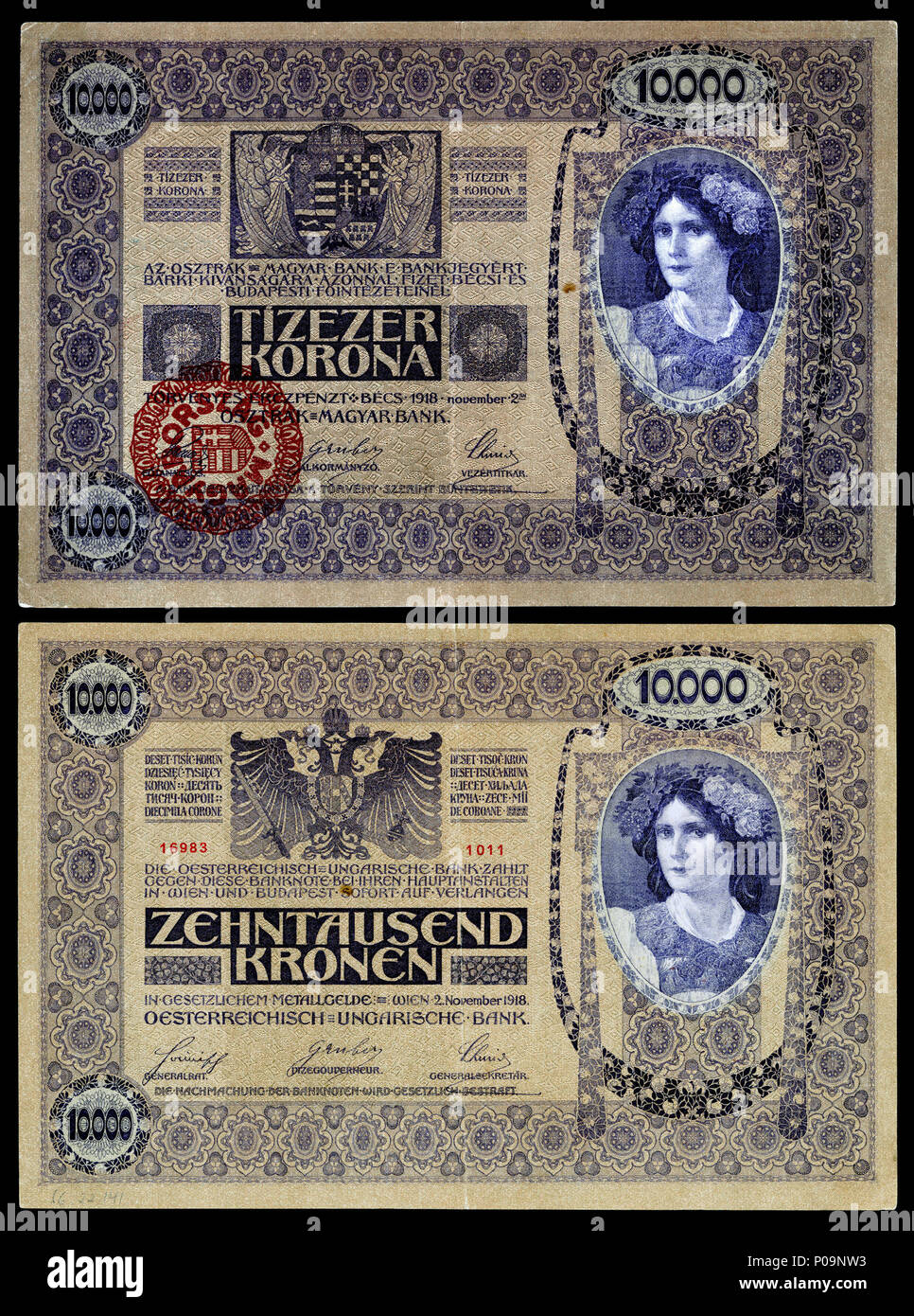 . Inglese: Regno di Ungheria, 10.000 korona, 1920 problema provvisorio con overstamp (utilizzando un 1918 austro-ungarico nota). Il 1920 problema provvisorio di ungherese delle banconote utilizzate un precedente banca austro-ungarico problema. Il rosso overstamp circolare sul lato anteriore è servita come convalida del corso legale nel Regno di Ungheria. . 1920 (ungherese problema), 2015 (nell'immagine). Banca austro-ungarico e il Regno di Ungheria. Museo Nazionale di Storia Americana nome nativo Museo Nazionale di Storia Americana istituzione madre Smithsonian affiliazioni location Washington, Stati Uniti Foto Stock