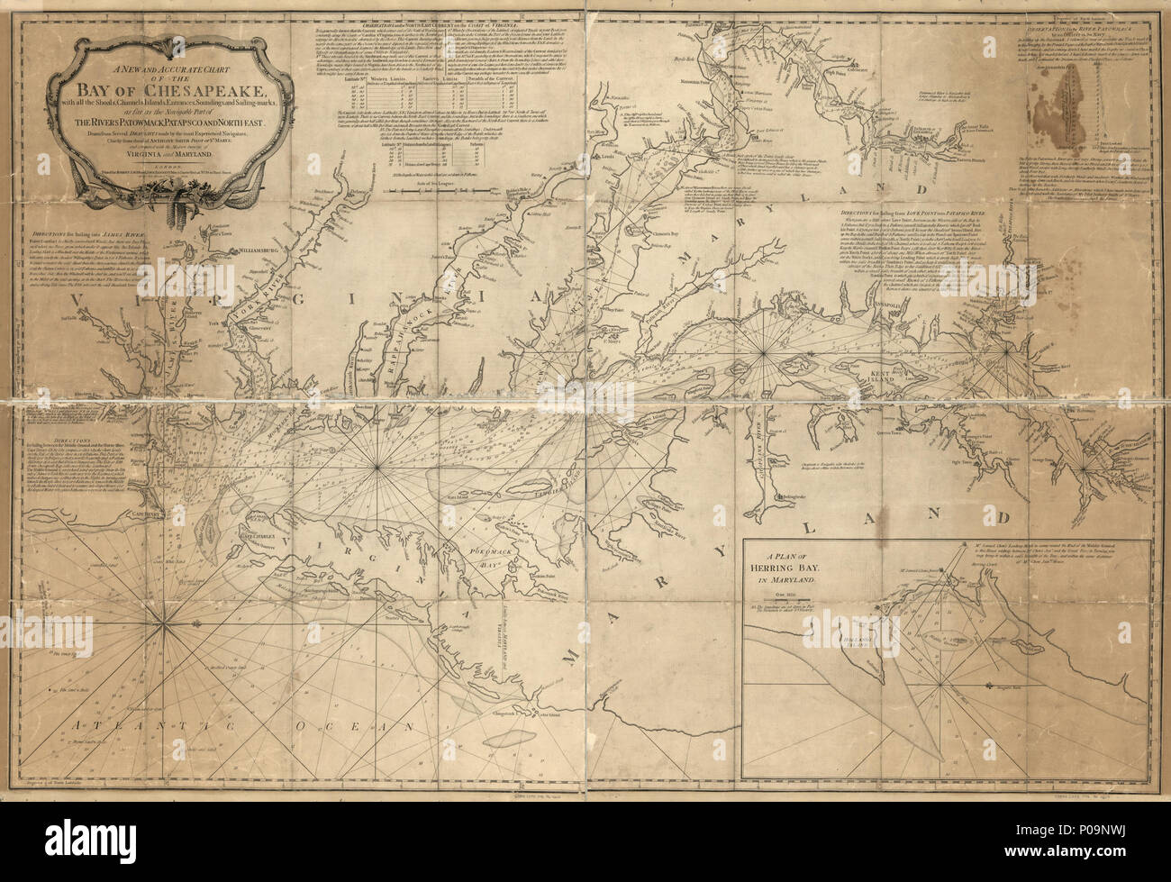 . Inglese: Scala ca. 1:250.000. Scandagli mostrati nelle braccia. 'Drawn da svariati progetti realizzati dai più esperti navigatori, principalmente da quelli di Anthony Smith, pilota di San Marys; e confrontati con le moderne indagini di Virginia e Maryland.' LC copia rifilato e montato sul panno. Dall'autore del pilota Nord America. 1776. v. 2. Include le direzioni di navigazione a vela, "Osservazioni sul nord-est corrente sulla costa della Virginia," "Osservazioni nel fiume Patowmack ... ' Il testo descrittivo e inset "un piano di aringhe Bay in Maryland.' disponibile anche attraverso la Libreria del Congresso del sito Web Foto Stock