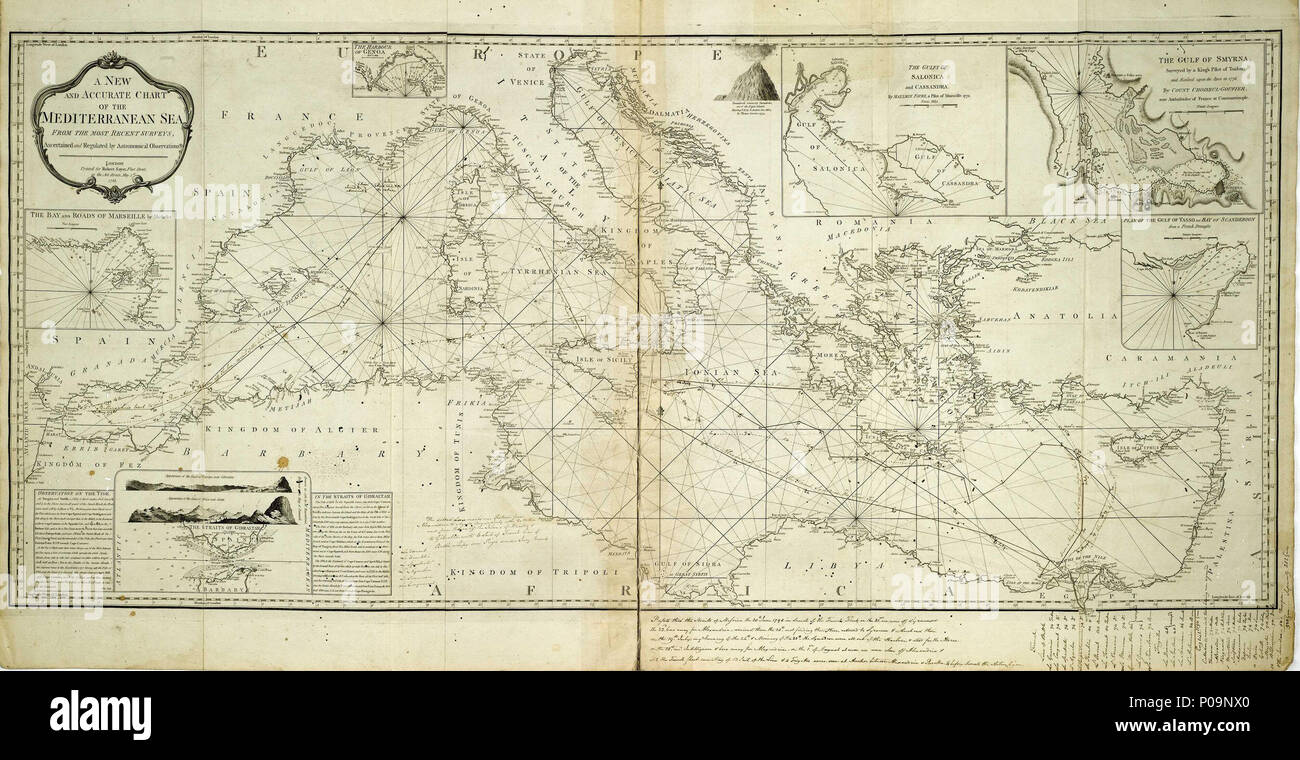 . Inglese: una nuova e accurata grafico del Mare Mediterraneo dalle più recenti indagini, accertata e regolata da osservazioni astronomiche. 1788foglio legato. Engr. Legato in un atlante di otto grafici da Sayer, messi insieme per un uso a Bellerophon quando è entrata a far parte della flotta mediterranea nel 1798. Apparteneva probabilmente al suo capitano Henry Darby. Grafico del Mare Mediterraneo . 1788. Robert Sayer (1725-1794) Descrizione cartografo Data di nascita e morte 1725 29 gennaio 1794 luogo di lavoro Londra (dicembre 1748 - 1760); Londra (1760 - 1794) Autorità di controllo : Q15430328 VIAF:?100956026 Foto Stock