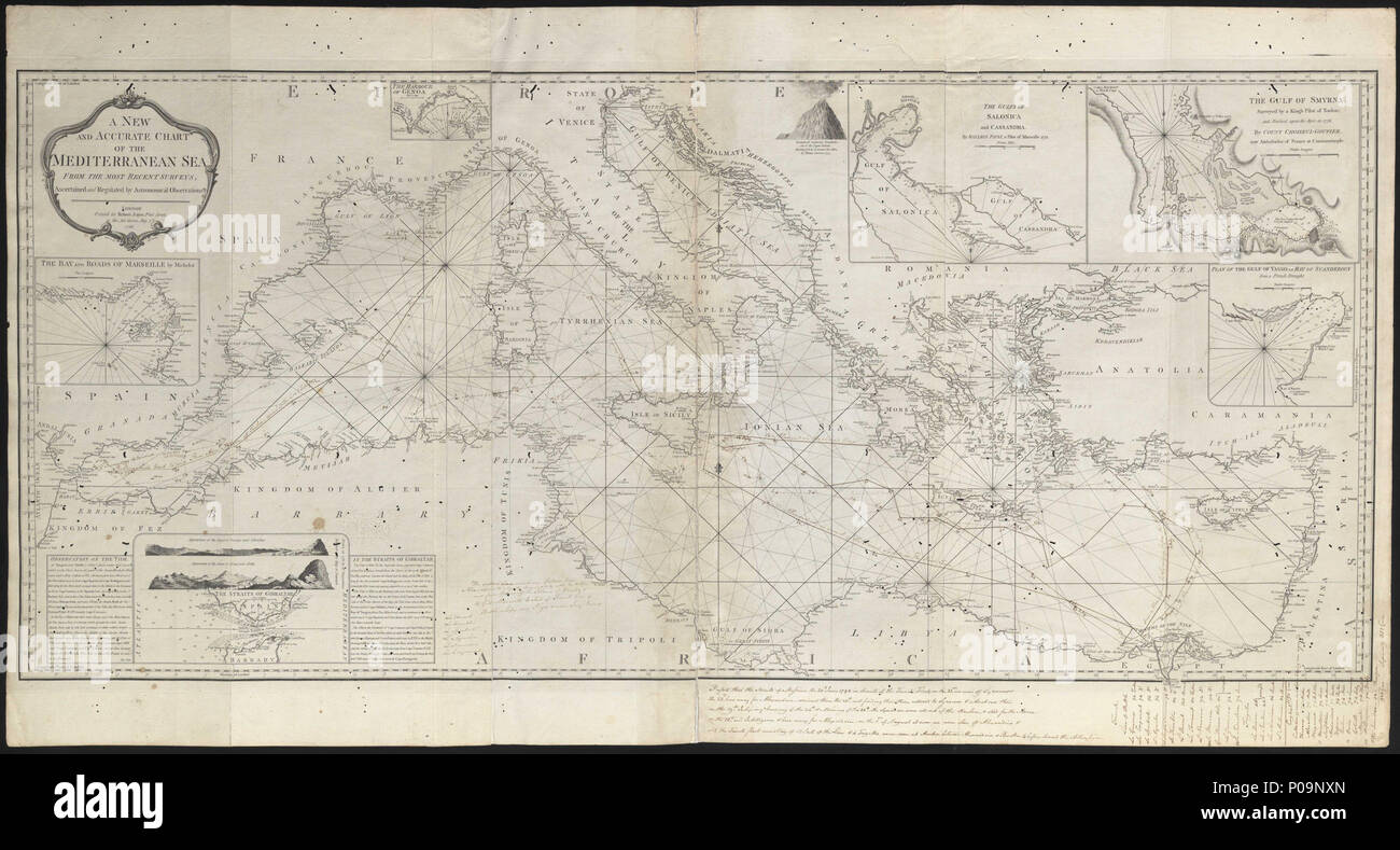 . Inglese: una nuova e accurata grafico del Mare Mediterraneo dalle più recenti indagini, accertata e regolata da osservazioni astronomiche. 1788foglio legato. Engr. Legato in un atlante di otto grafici da Sayer, messi insieme per un uso a Bellerophon quando è entrata a far parte della flotta mediterranea nel 1798. Apparteneva probabilmente al suo capitano Henry Darby. Grafico - Mar Mediterraneo (PBD8499) . 1788. Robert Sayer (1725-1794) Descrizione cartografo Data di nascita e morte 1725 29 gennaio 1794 luogo di lavoro Londra (dicembre 1748 - 1760); Londra (1760 - 1794) Autorità di controllo : Q15430328 VIAF:?10 Foto Stock