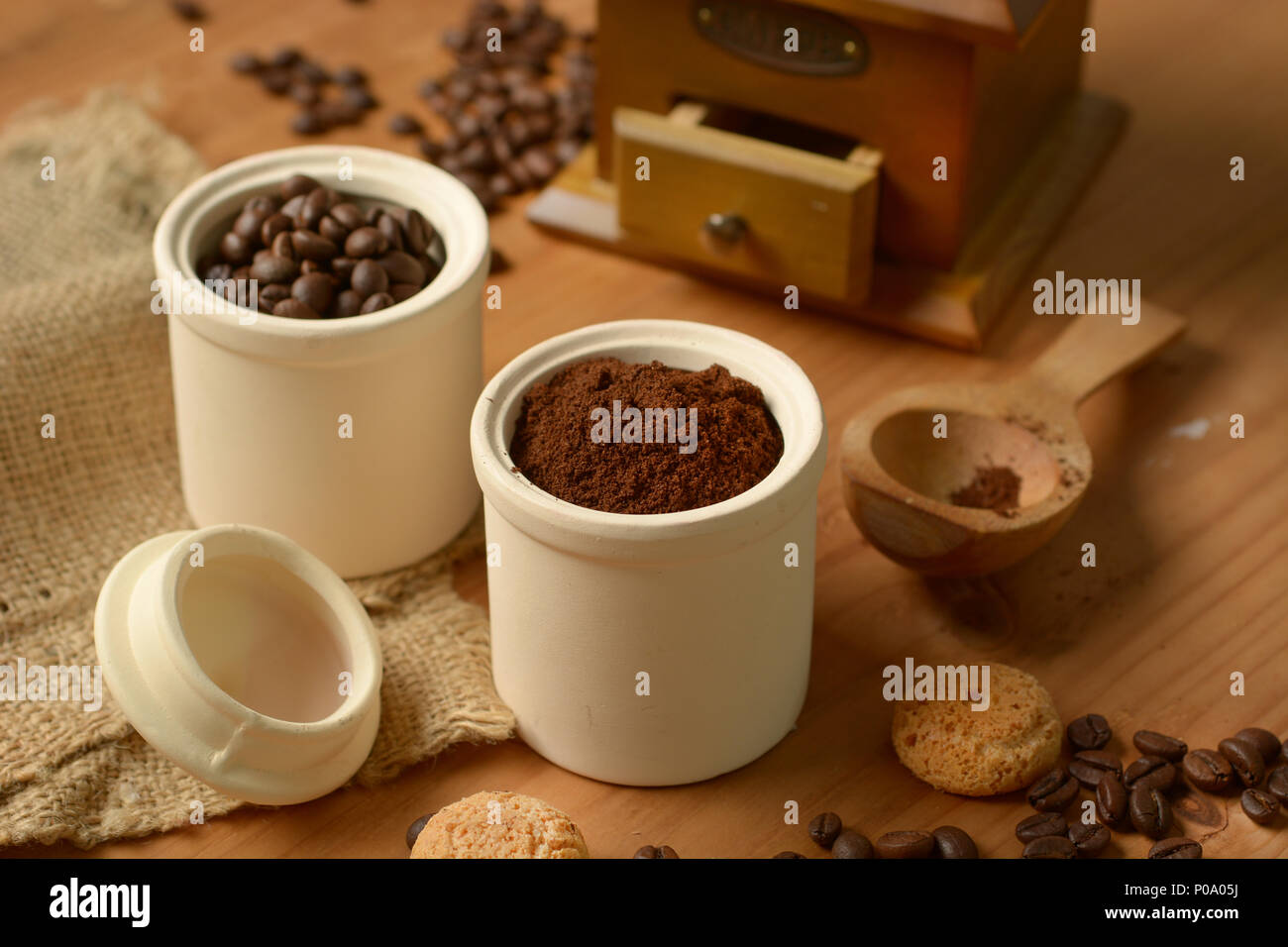 La polvere di caffè nel contenitore - macinadosatore - primo piano Foto Stock